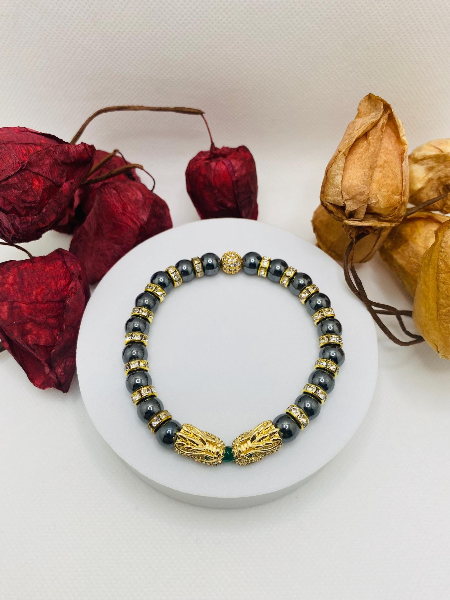 Dragon Hematite Beaded Bracelet: Gold CZ Charm, Handmade