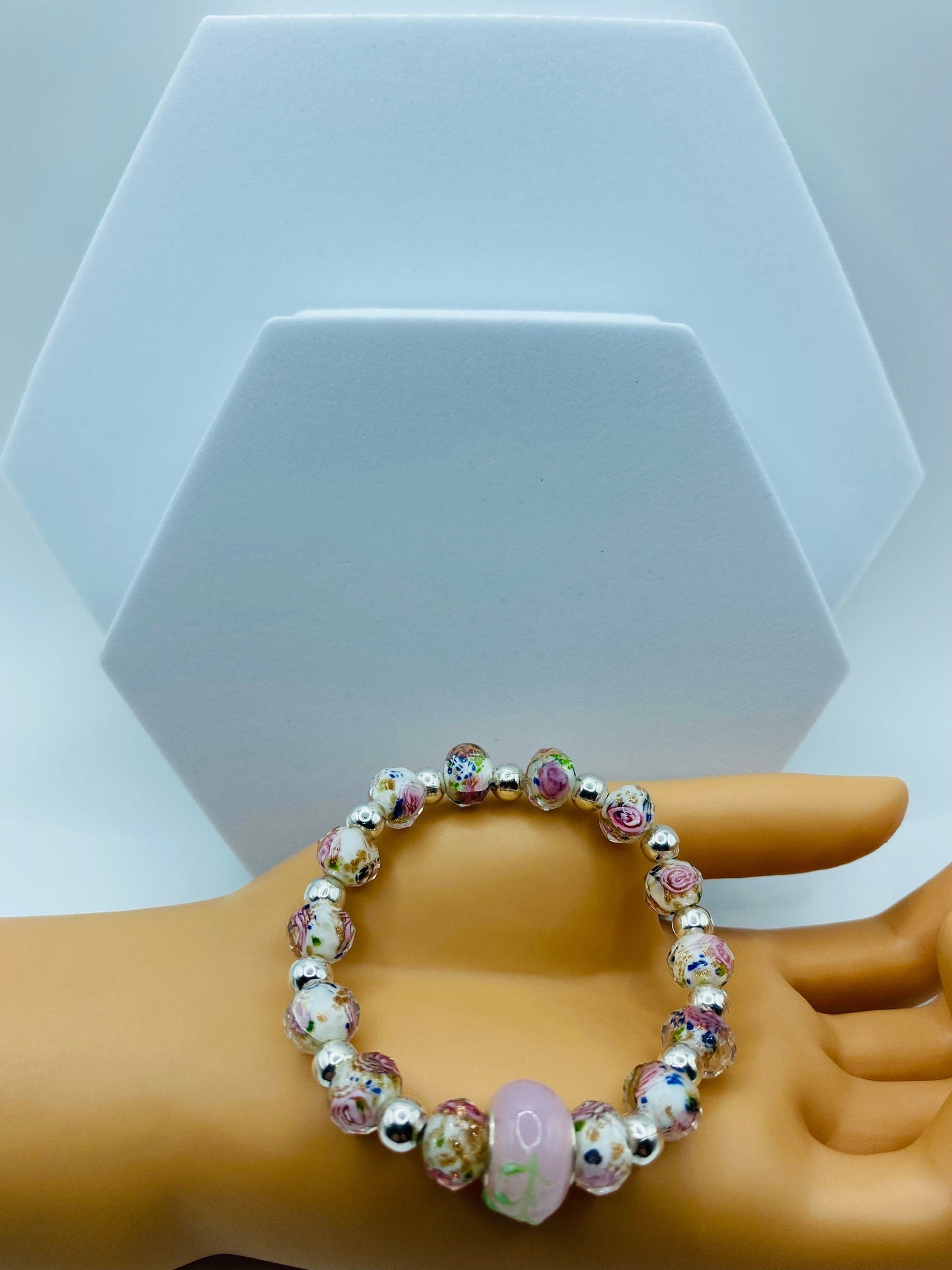 Floral Lampwork Glass Bead Bracelet: Silver Hematite Gemstone Accent