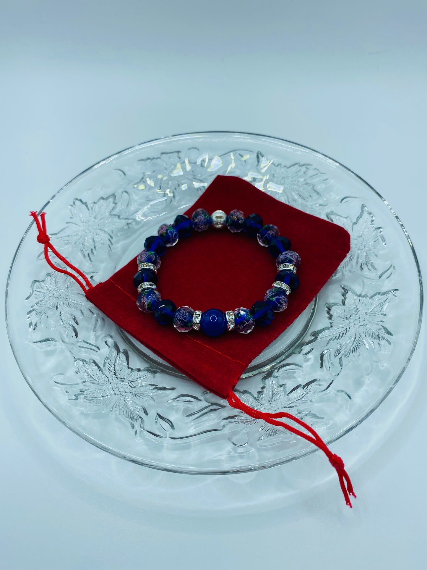 Blue Chalcedony Bracelet: Lampwork Floral Glass Beads, Rhinestone Accents