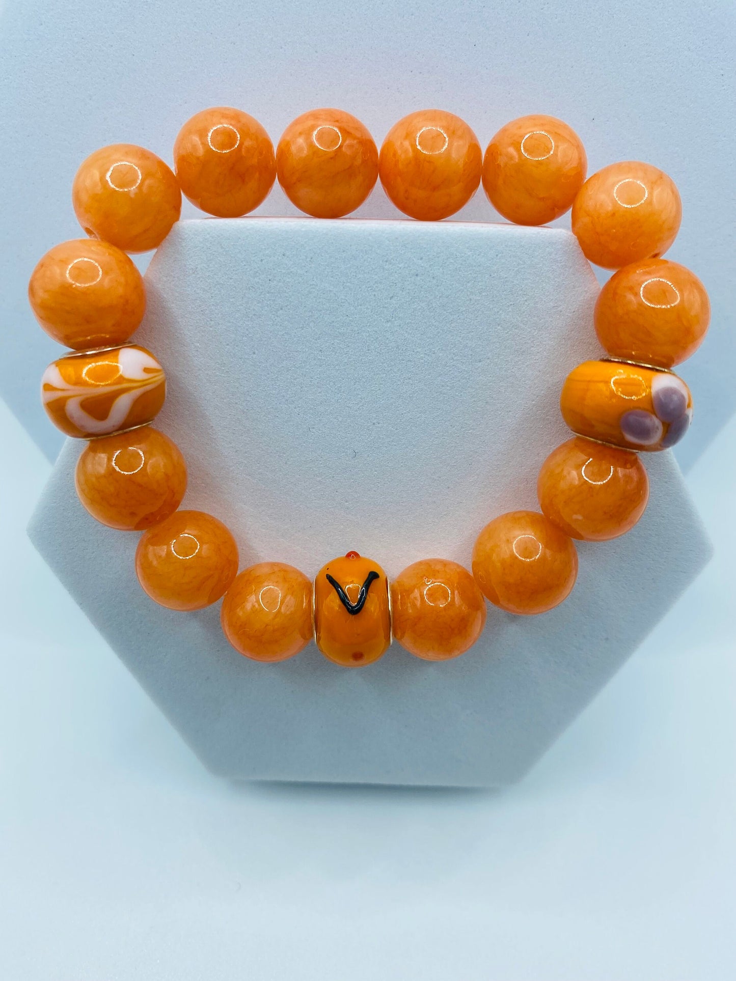 Handmade Orange Jade Bracelet: Murano Glass Bead Chunky Jewelry