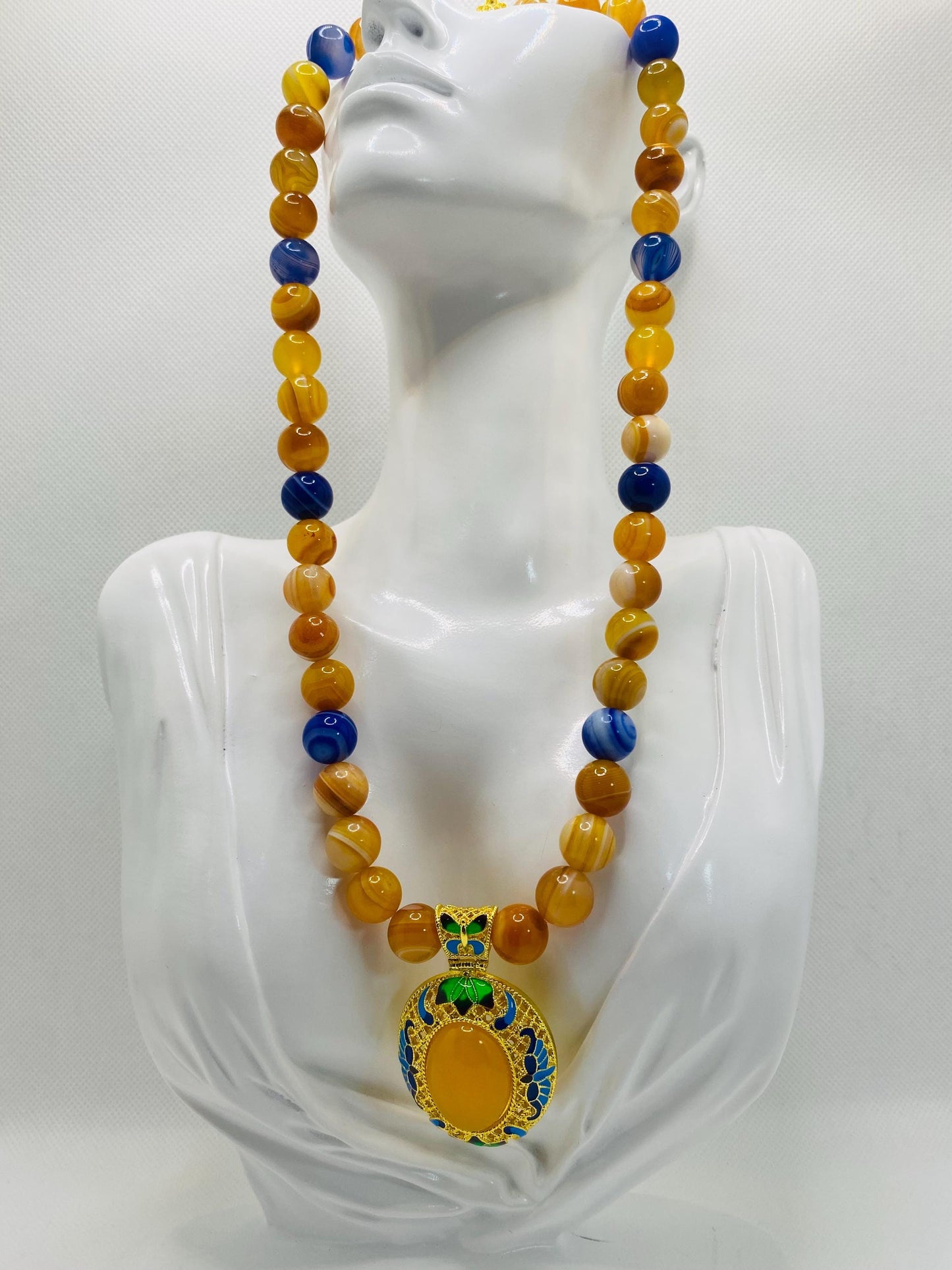 Handmade Chalcedony Pendant Necklace: Striped Agate Gemstone Beads, Boho Jewelry