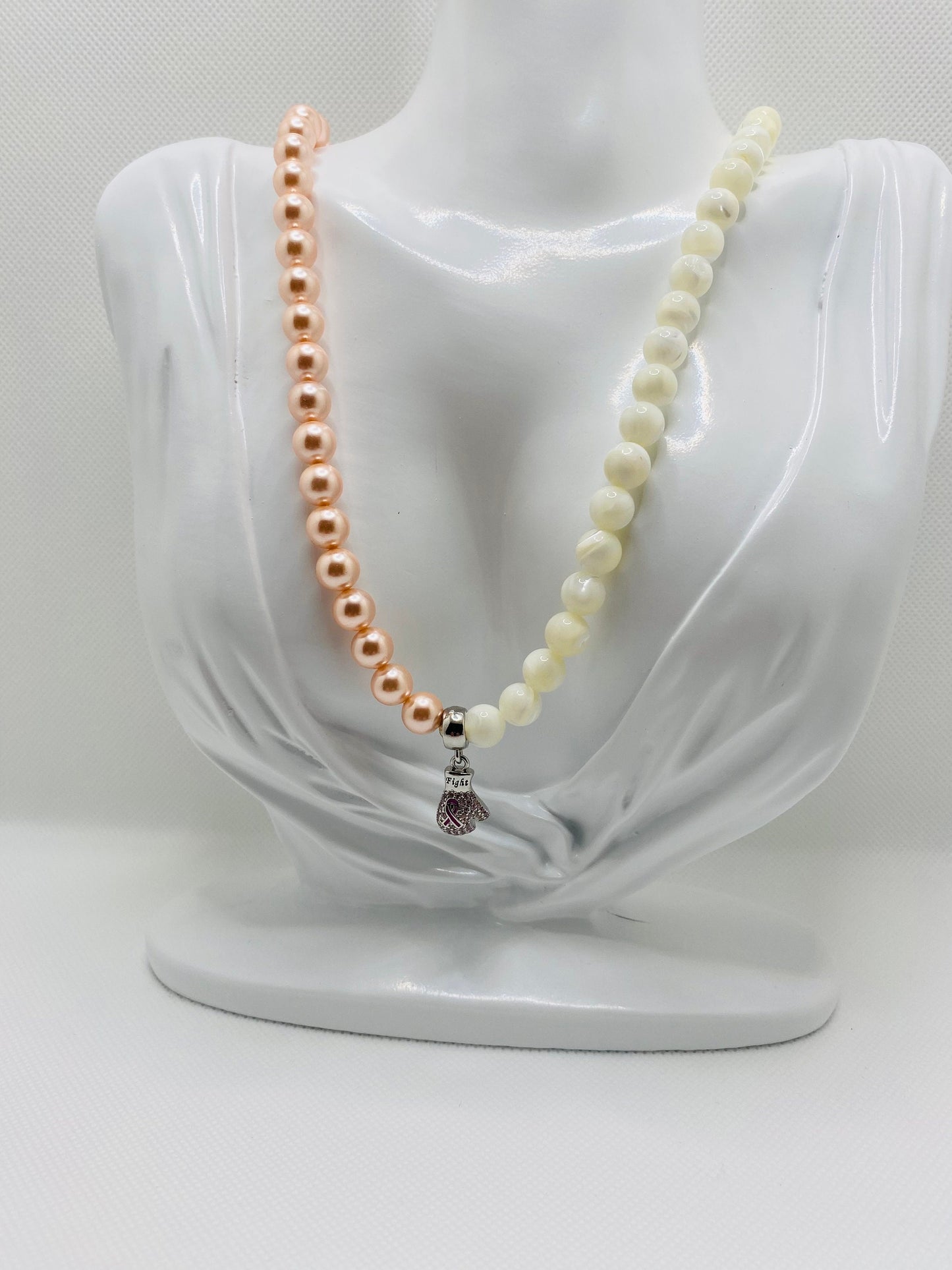Mother of Pearl Beaded Necklace: Pink Ribbon Boxing Glove, Cancer Survivor Gift
