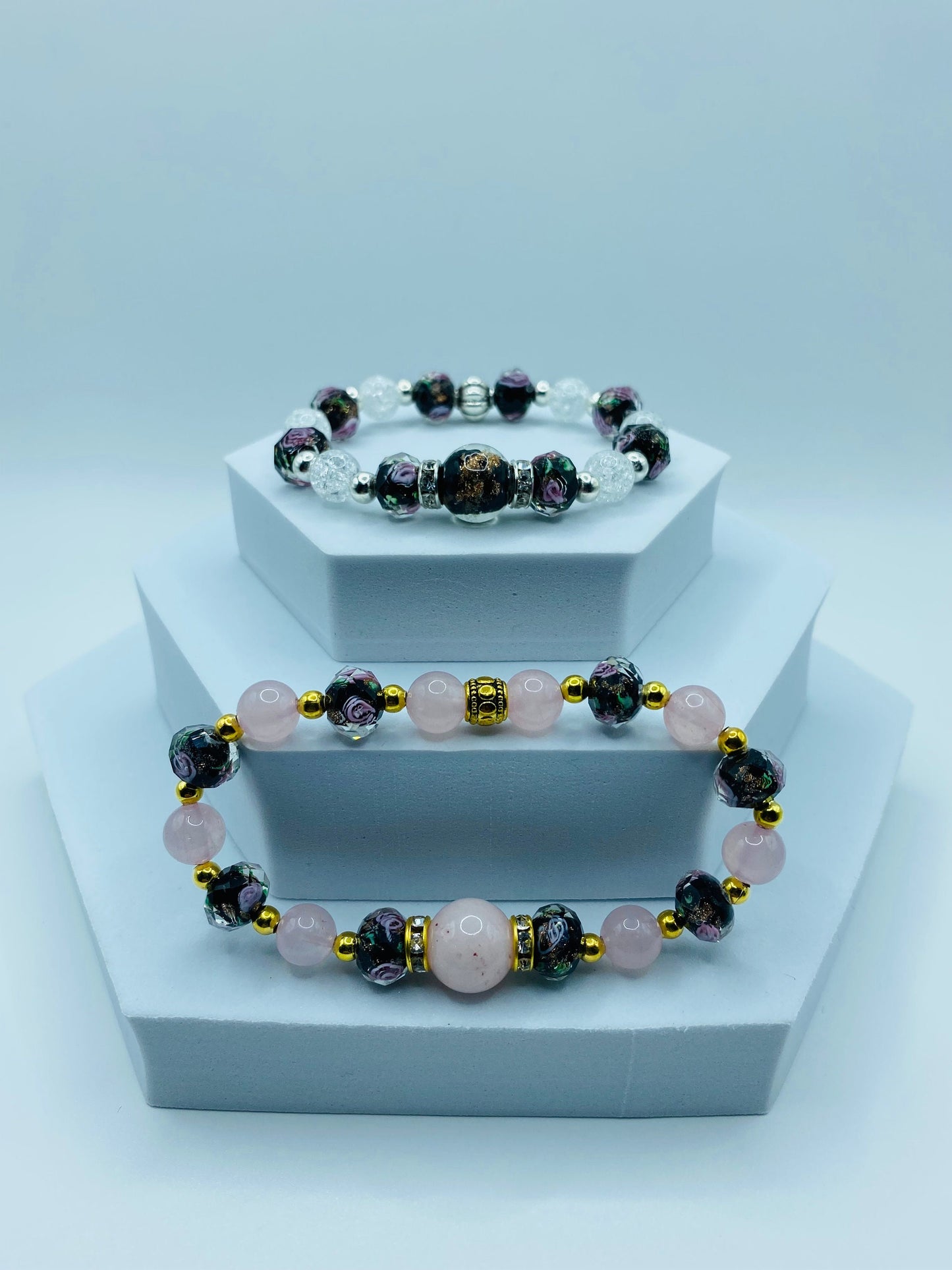 Rose Quartz Bracelet: Lampwork Flower Glass & Gold-Plated Hematite Beads