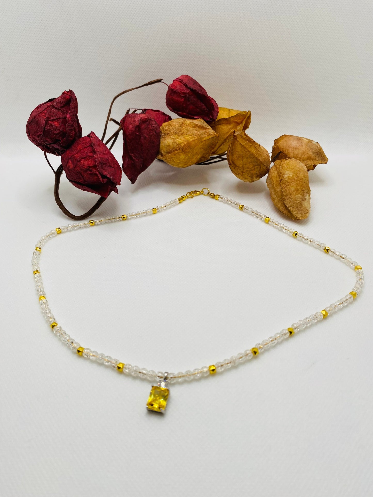 Citrine Pendant Necklace: 14k Gold Chain, Quartz Crystal Beads