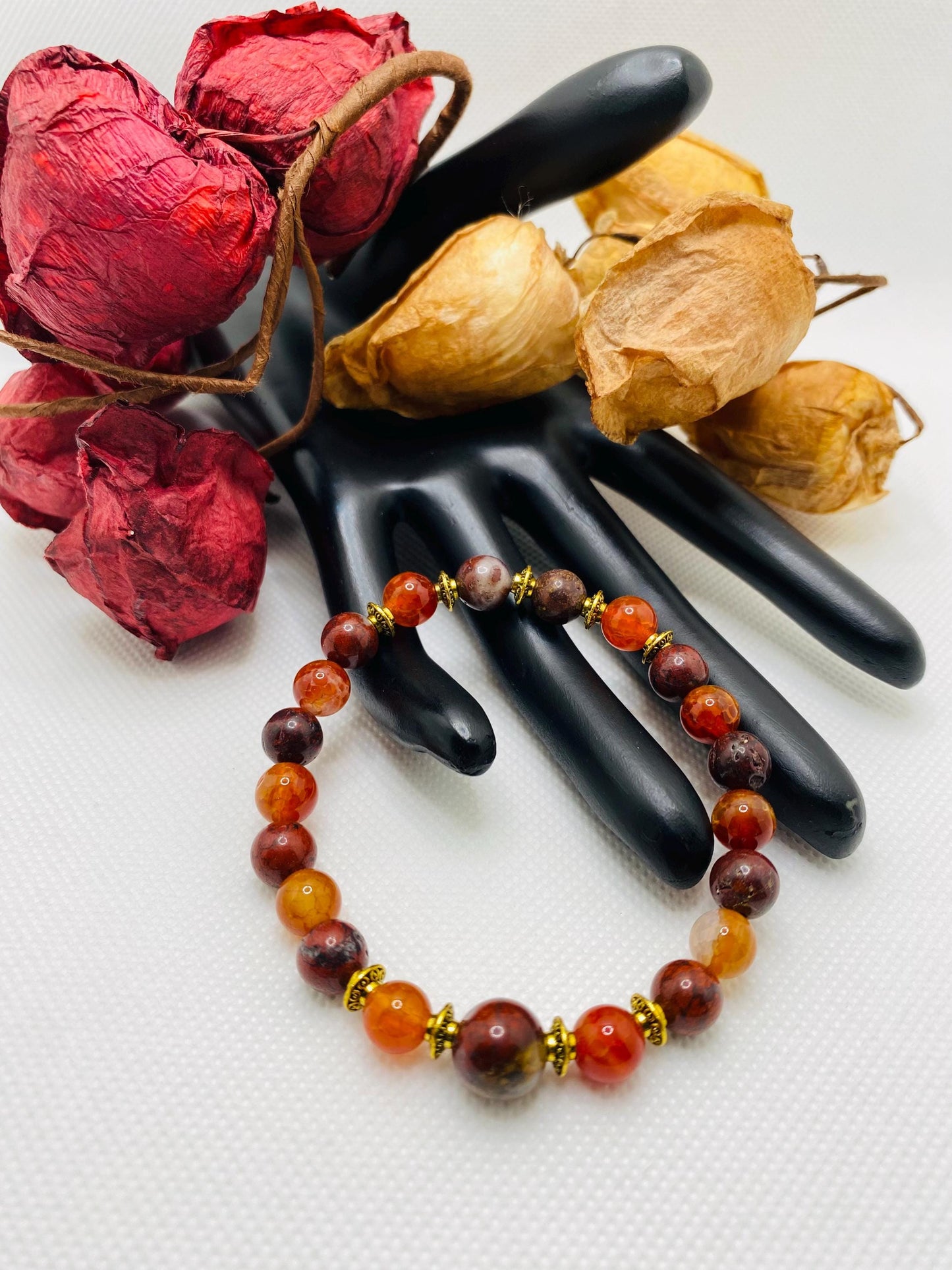 Mens Red Jasper Beaded Bracelet: Agate Gemstone, Tibetan Jewelry