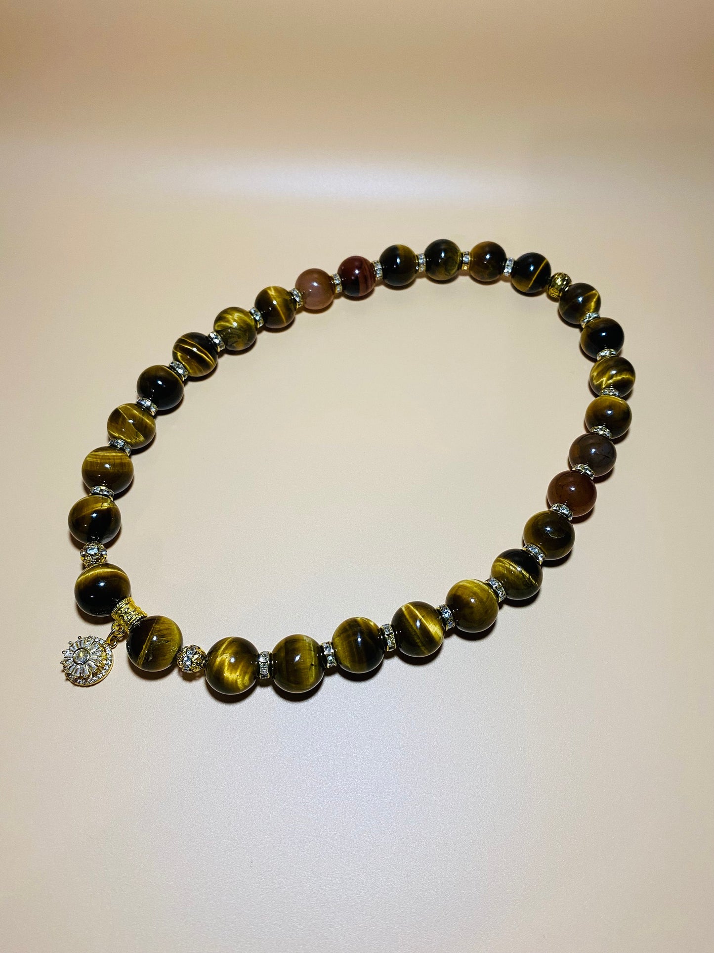 Tigers Eye Beaded Necklace with Gold Sunflower Charm