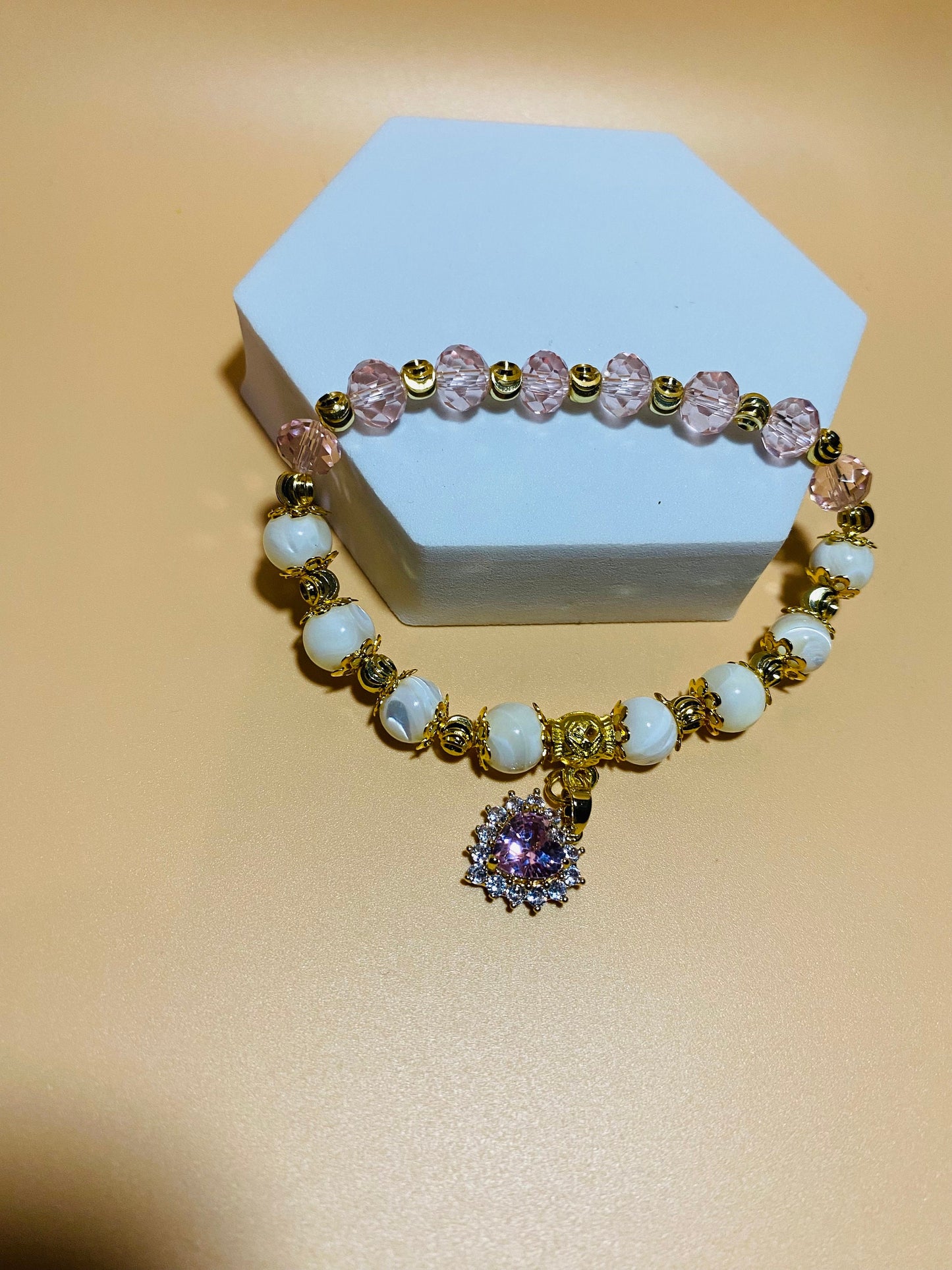 Mother of Pearl Bracelet: Pink Crystal Beads, Heart Charm, 18k Gold Accents