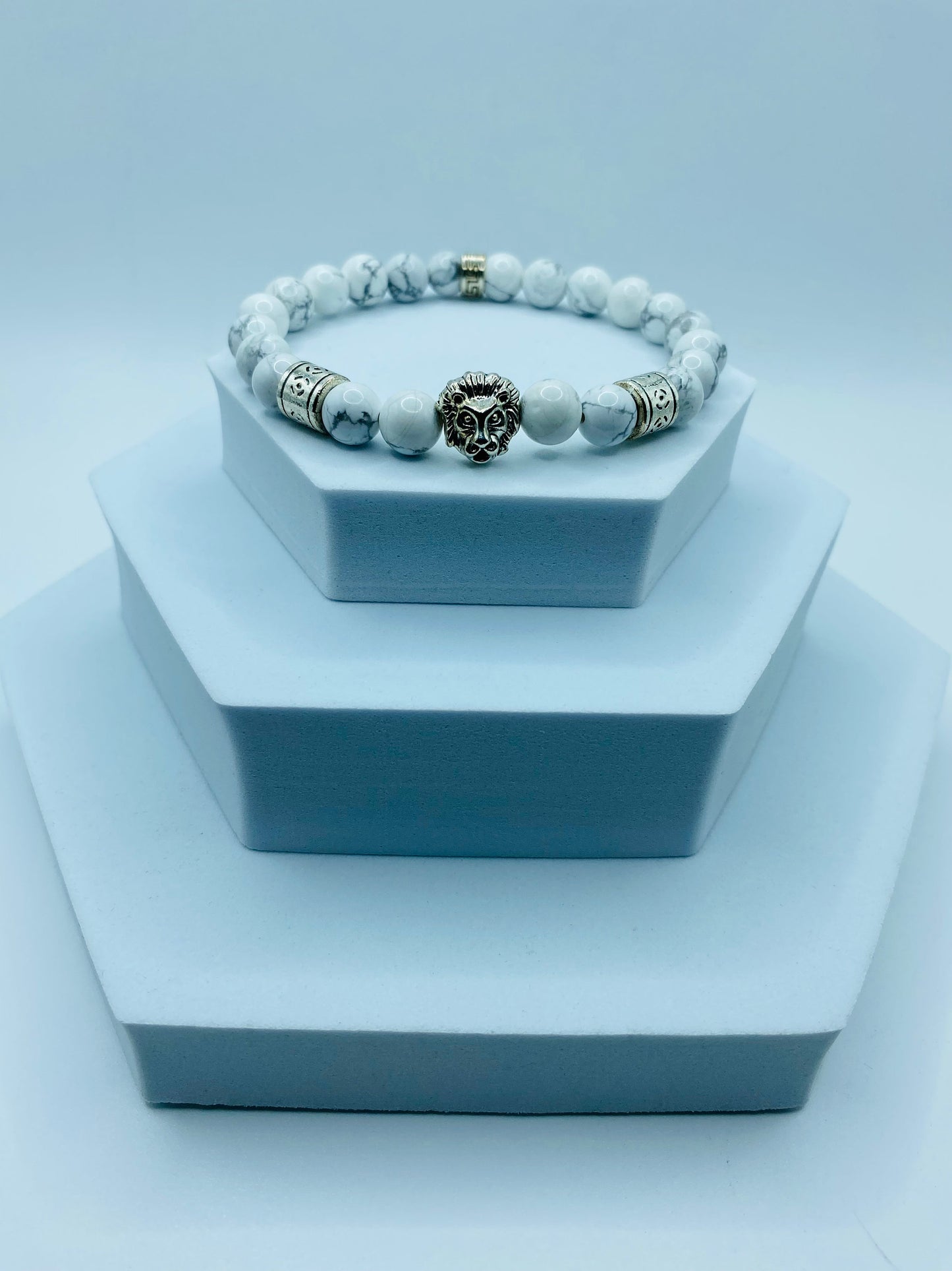Mens Howlite Bracelet: Lion Charm, Tibetan Silver Spacers