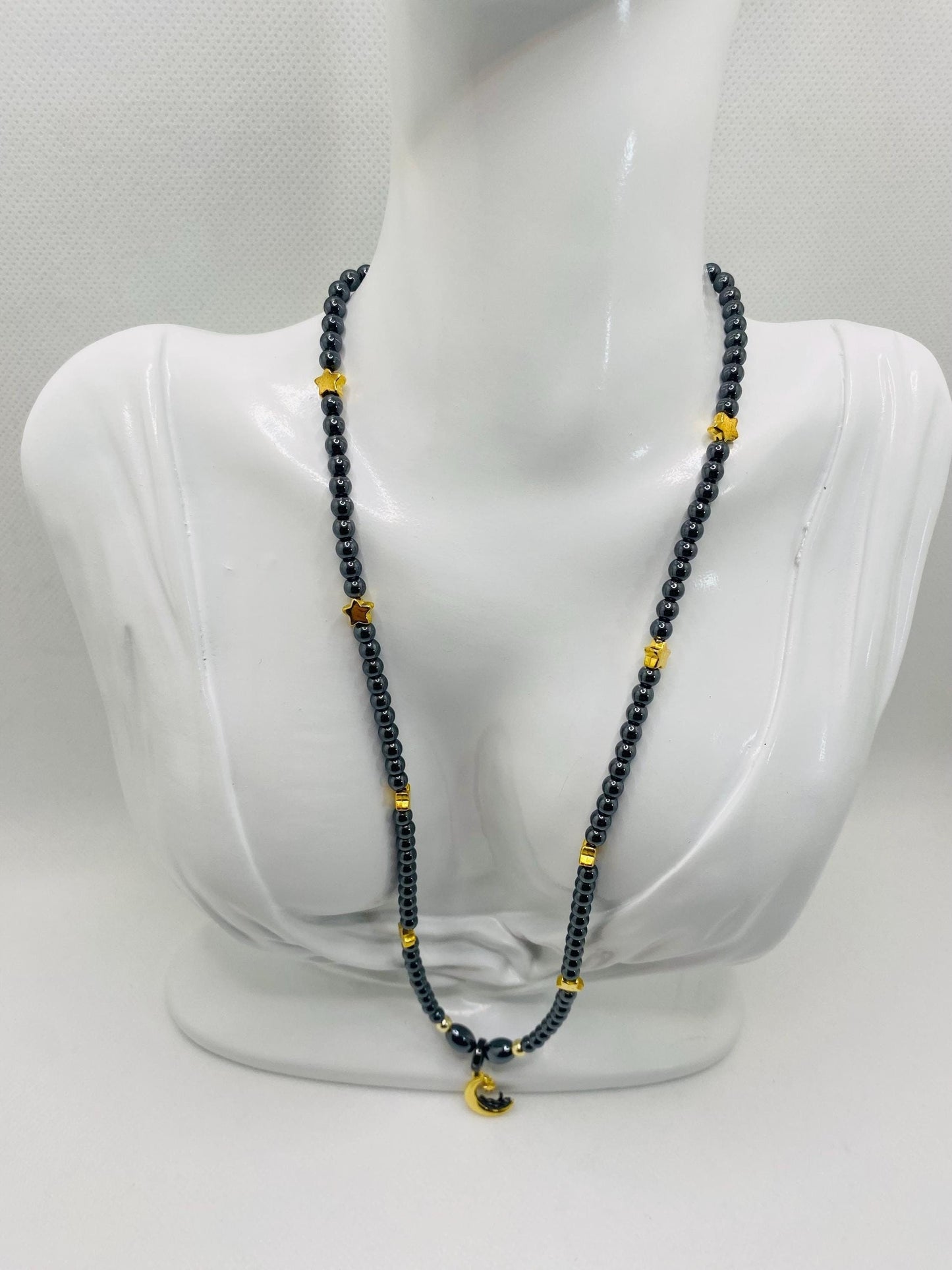 Celestial Hematite Necklace: Gold Star, Moon & Cat Charm