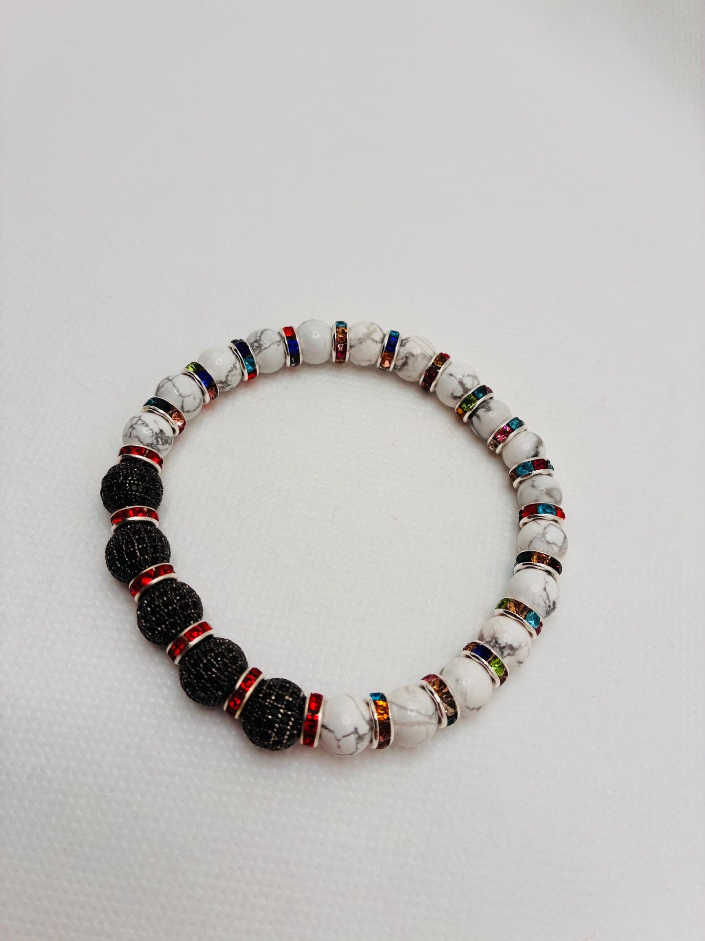 Womens Howlite Bracelet with Zircon Paved Rhinestone Charm Beads, Rainbow Bracelet
