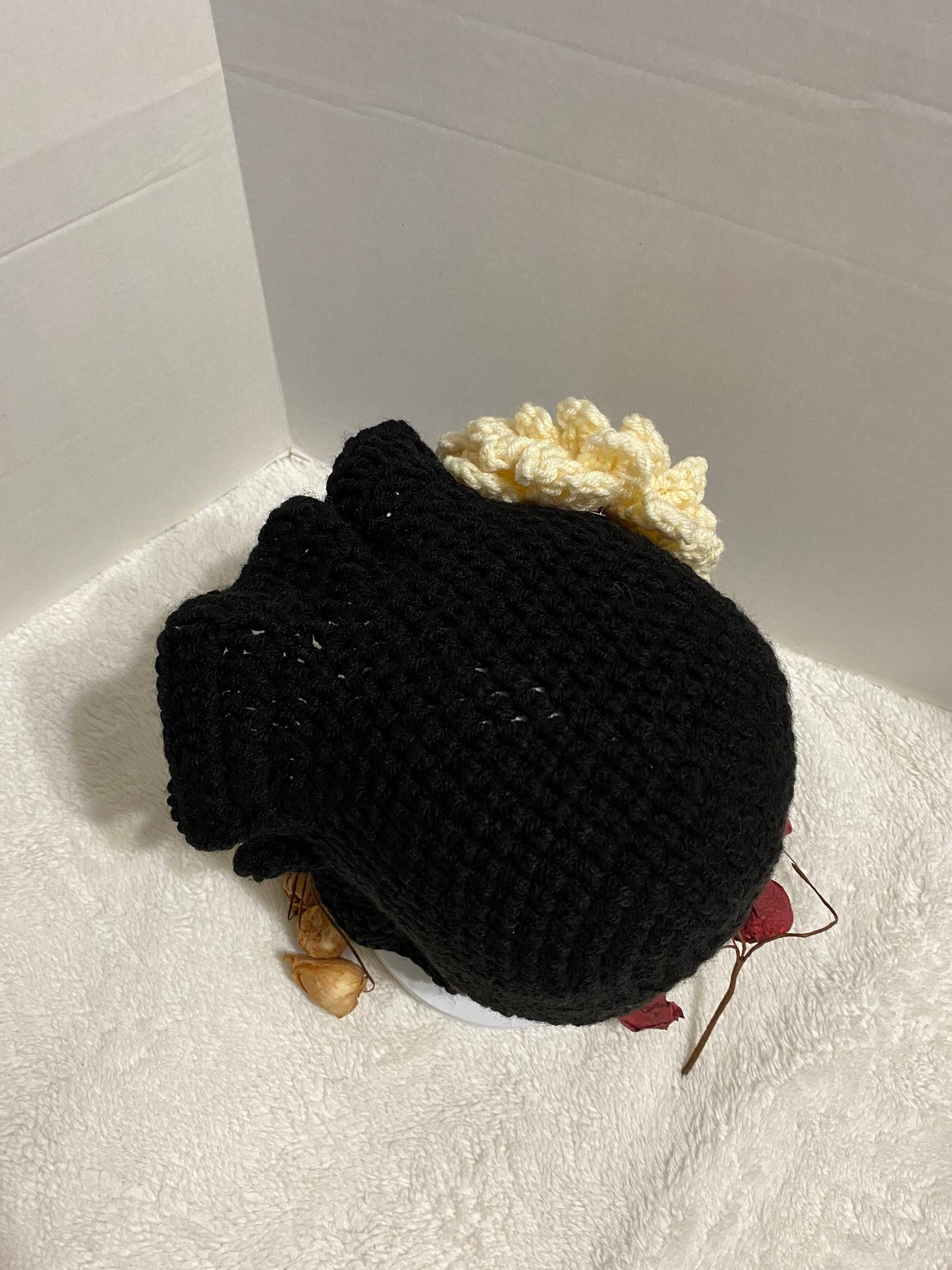 Black Crochet Bucket Hat with White Flower: Handmade Acrylic Hat