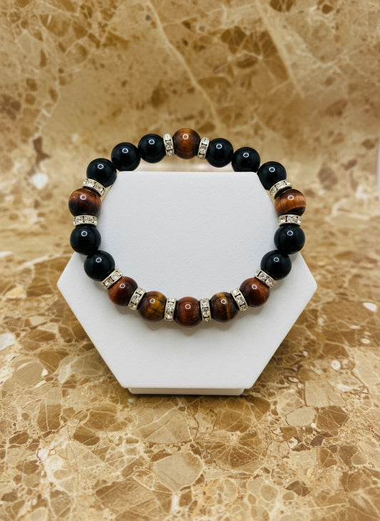 Mens Black Onyx & Red Tiger's Eye Beaded Bracelet: Handmade Gemstone Jewelry