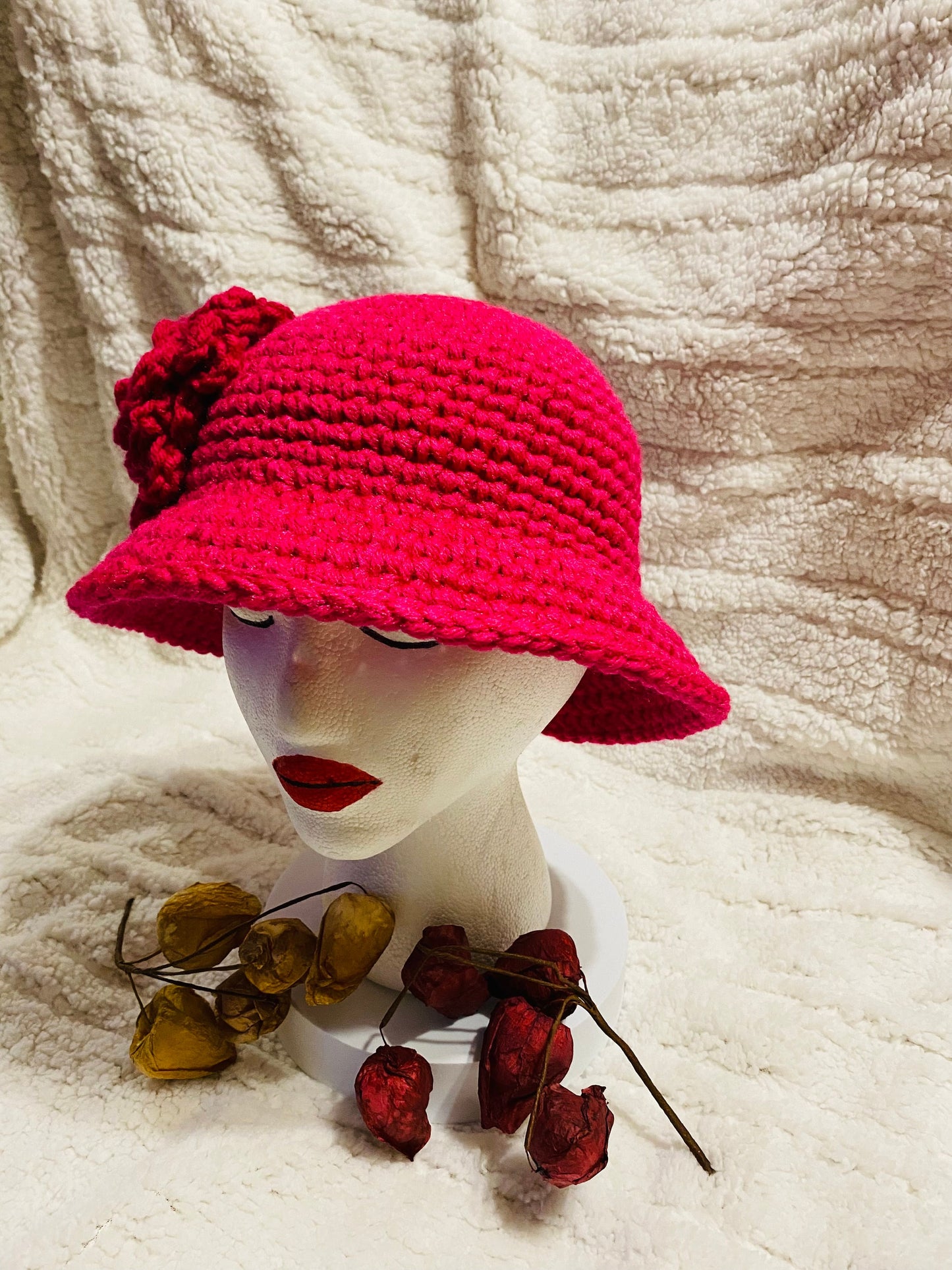 Hot Pink Crochet Bucket Hat with Flower: Handmade Acrylic Sun Hat
