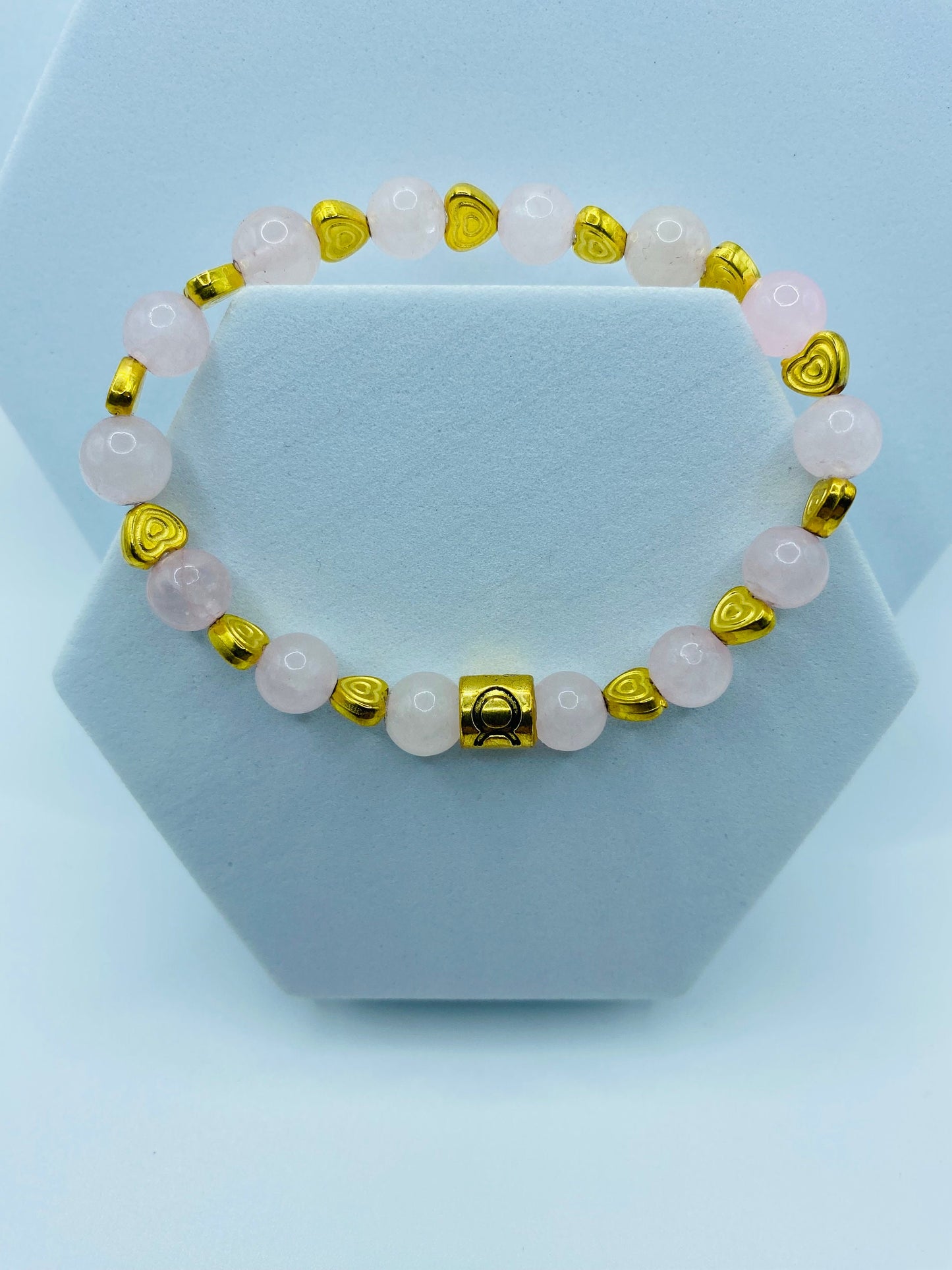 Rose Quartz Bracelet: 18K Gold Heart & Taurus Zodiac Charm