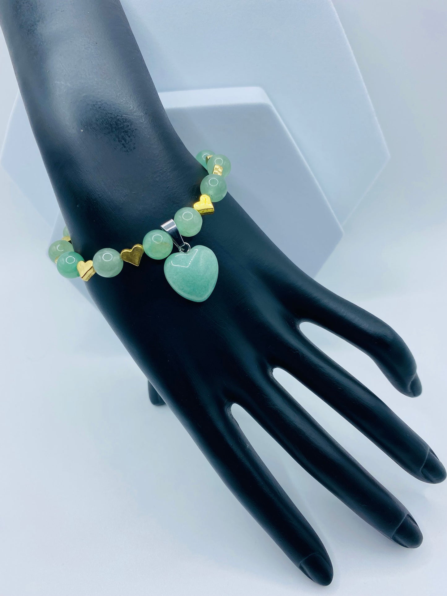 Handmade Green Aventurine Heart Bracelet: 18K Gold Plated Charms