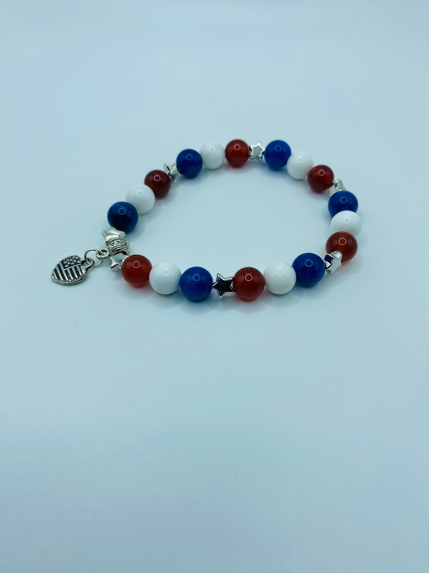 Handmade Jewelry Star Bracelet with Heart Shaped American Flag, Natural Gemstone Beads, Charm Bracelet