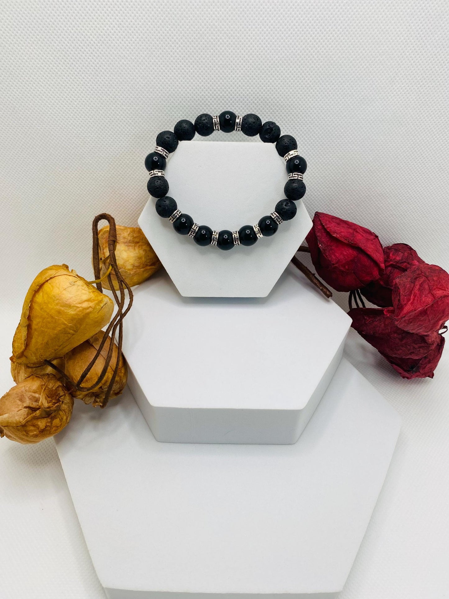 Black Onyx & Lava Rock Bracelet with Tibetan Spacers