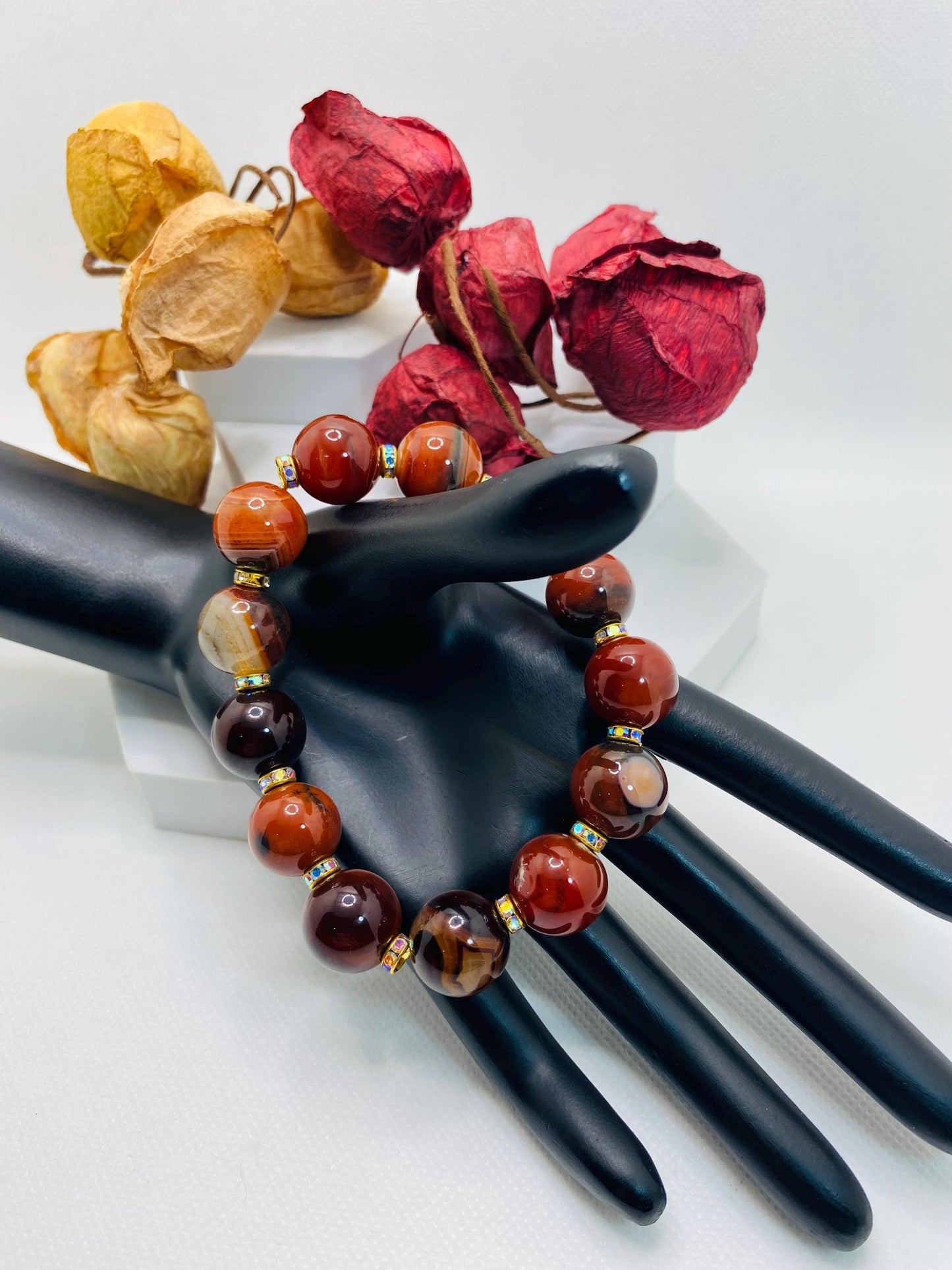 Chunky Dream Agate Bracelet: Rhinestone Rondelle Spacers, Handmade Jewelry