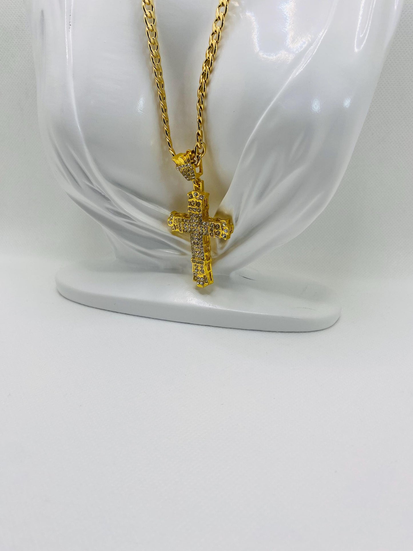 Gold Cross Necklace: Rhinestone Cuban Link Chain, Religious Jewelry