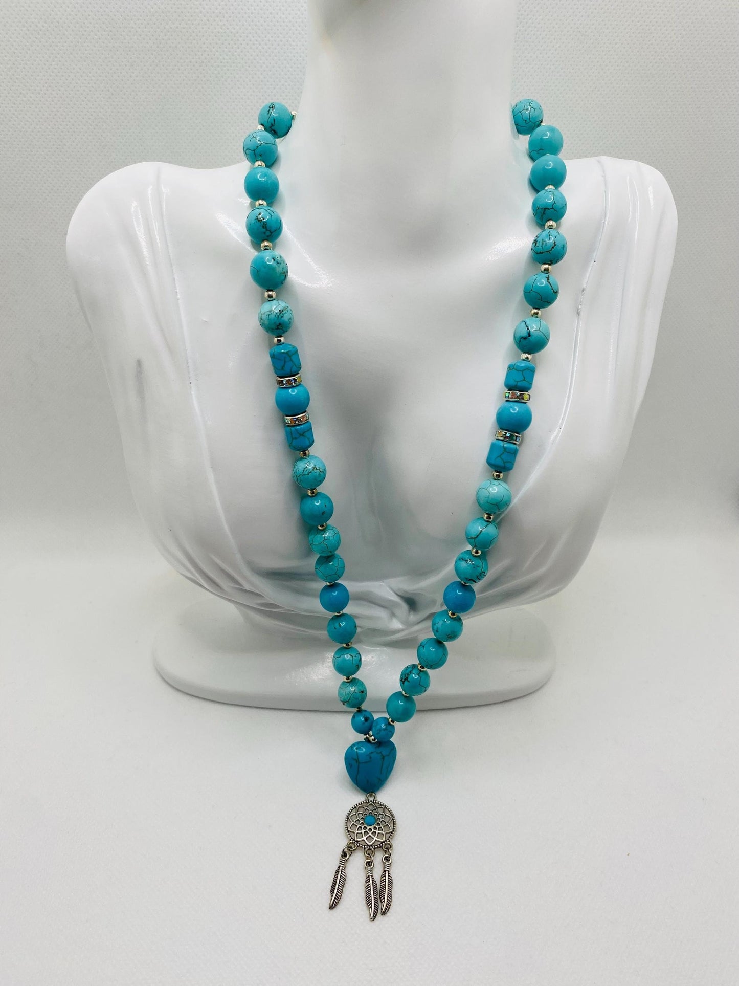 Handmade Turquoise Heart Necklace: Boho Dreamcatcher Pendant