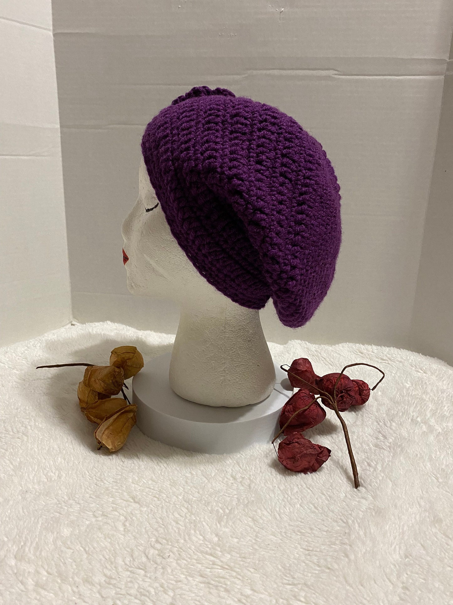 Handmade Crochet Hat with Flower: Purple Acrylic Beanie