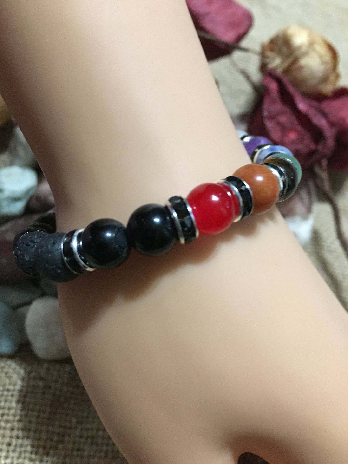 Chakra Bracelet Set: Onyx, Lava Rock, and Gemstone Healing Beads