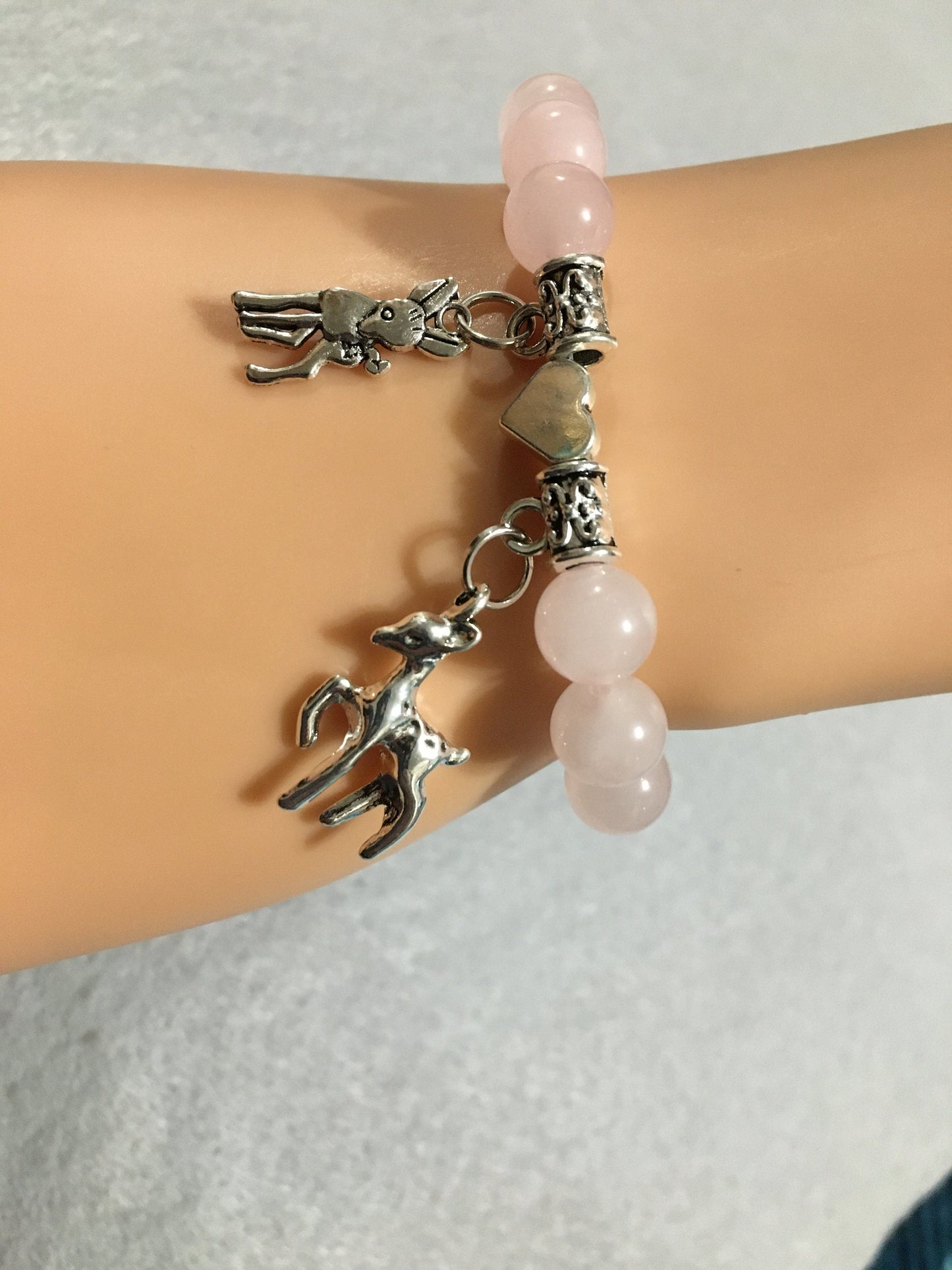 Charm Bracelet Rose Quartz Jewelry for women, Bambi and Faline Charms