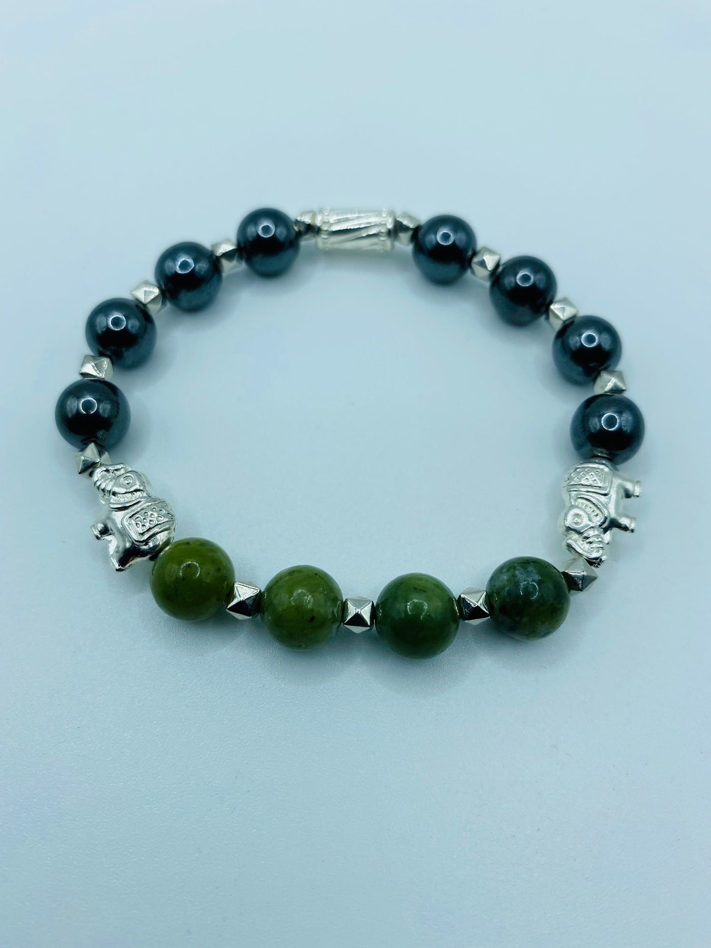 Elephant Jewelry White Gold Womens Bracelet with Jade & Hematite Gemstone Beads - Elephant Gifts