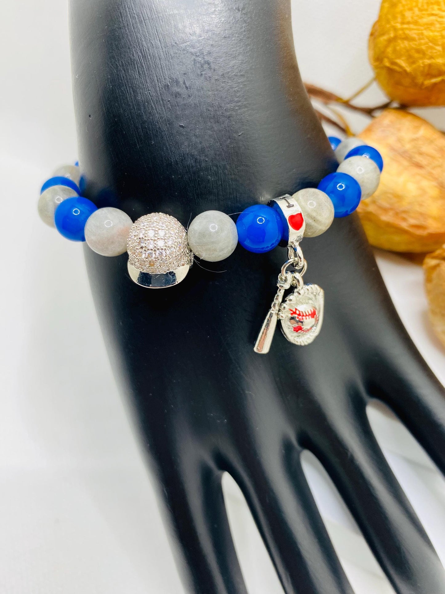 Los Angeles Dodgers Bracelet: Gemstone Beads & Baseball Charms