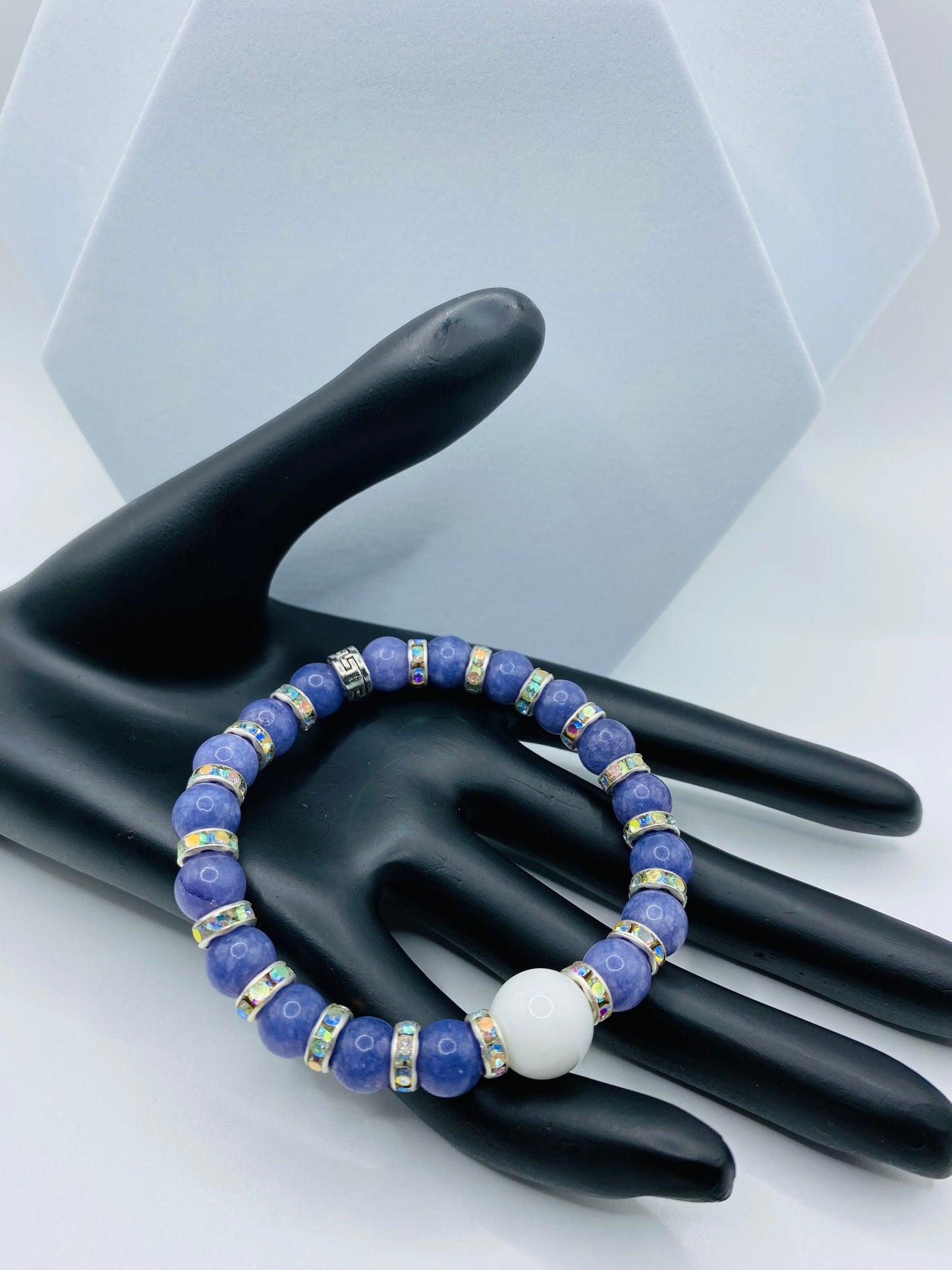 Lavender Jade Bracelet: Porcelain Bead, Rhinestone Rondelles, Handmade