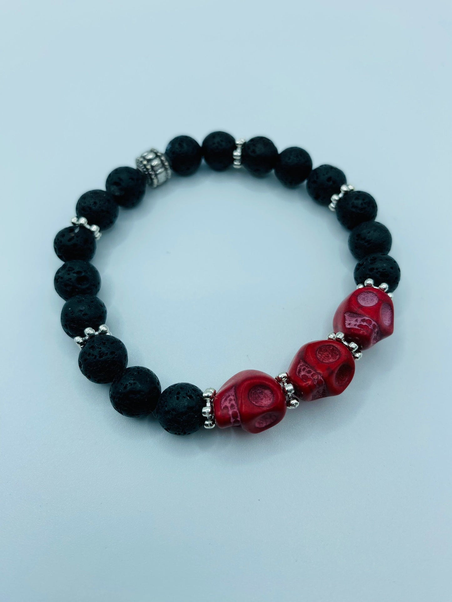 Day of the Dead Lava Rock Bracelet, Red Skull Beads - Dia de Los Muertos - Gothic Jewelry - Gift for Him