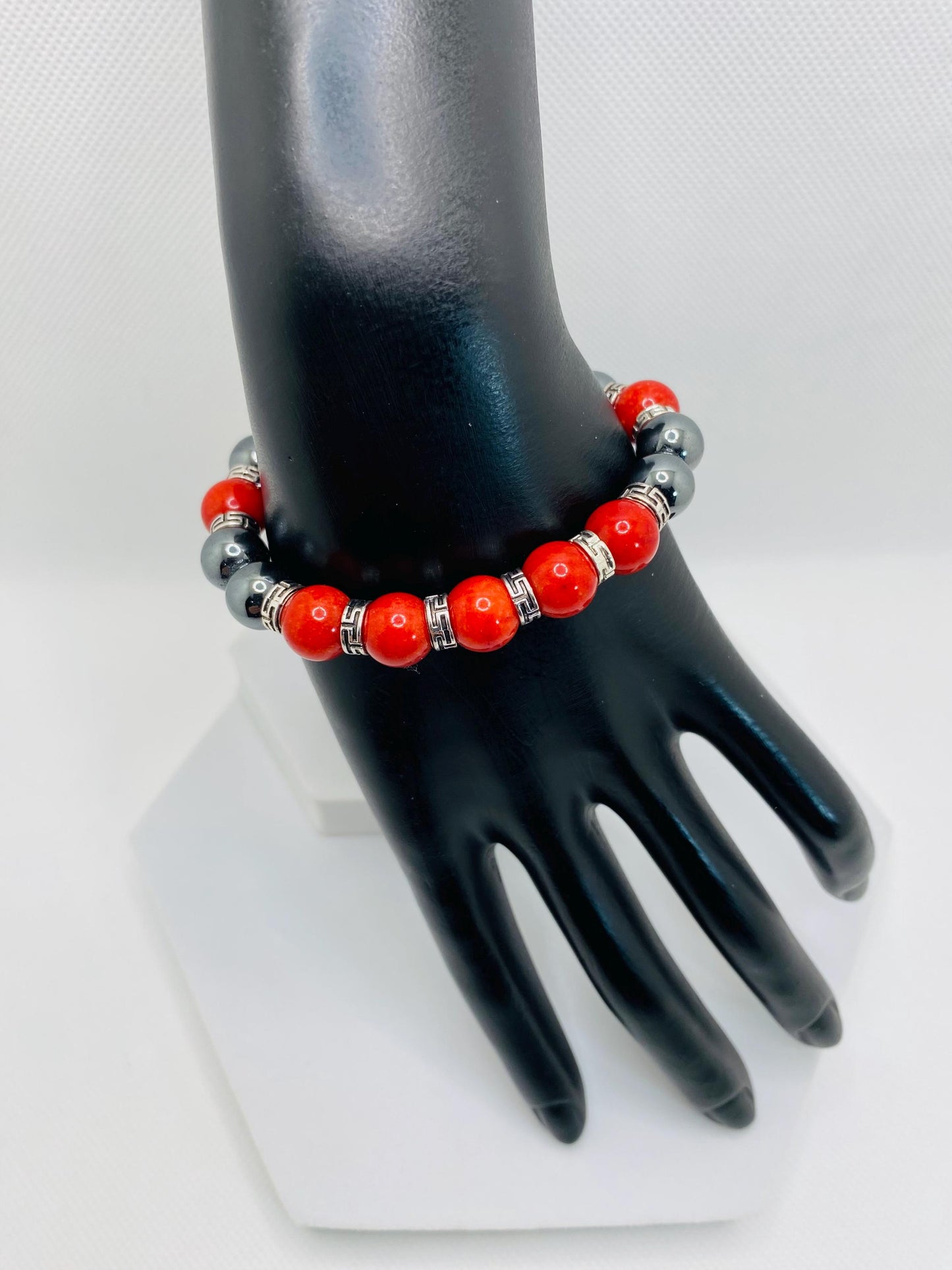 Men's Hematite Bracelet: Red Coral Beads, Tibetan Jewelry