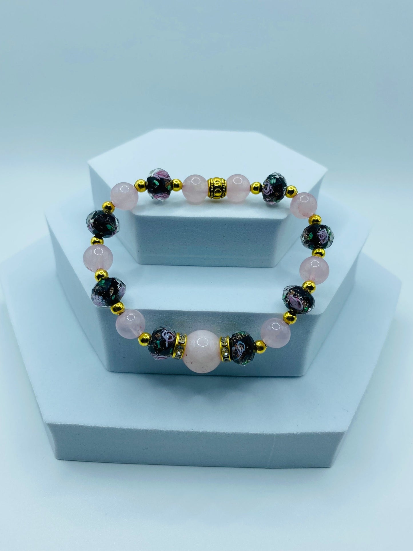 Rose Quartz Bracelet: Lampwork Flower Glass & Gold-Plated Hematite Beads
