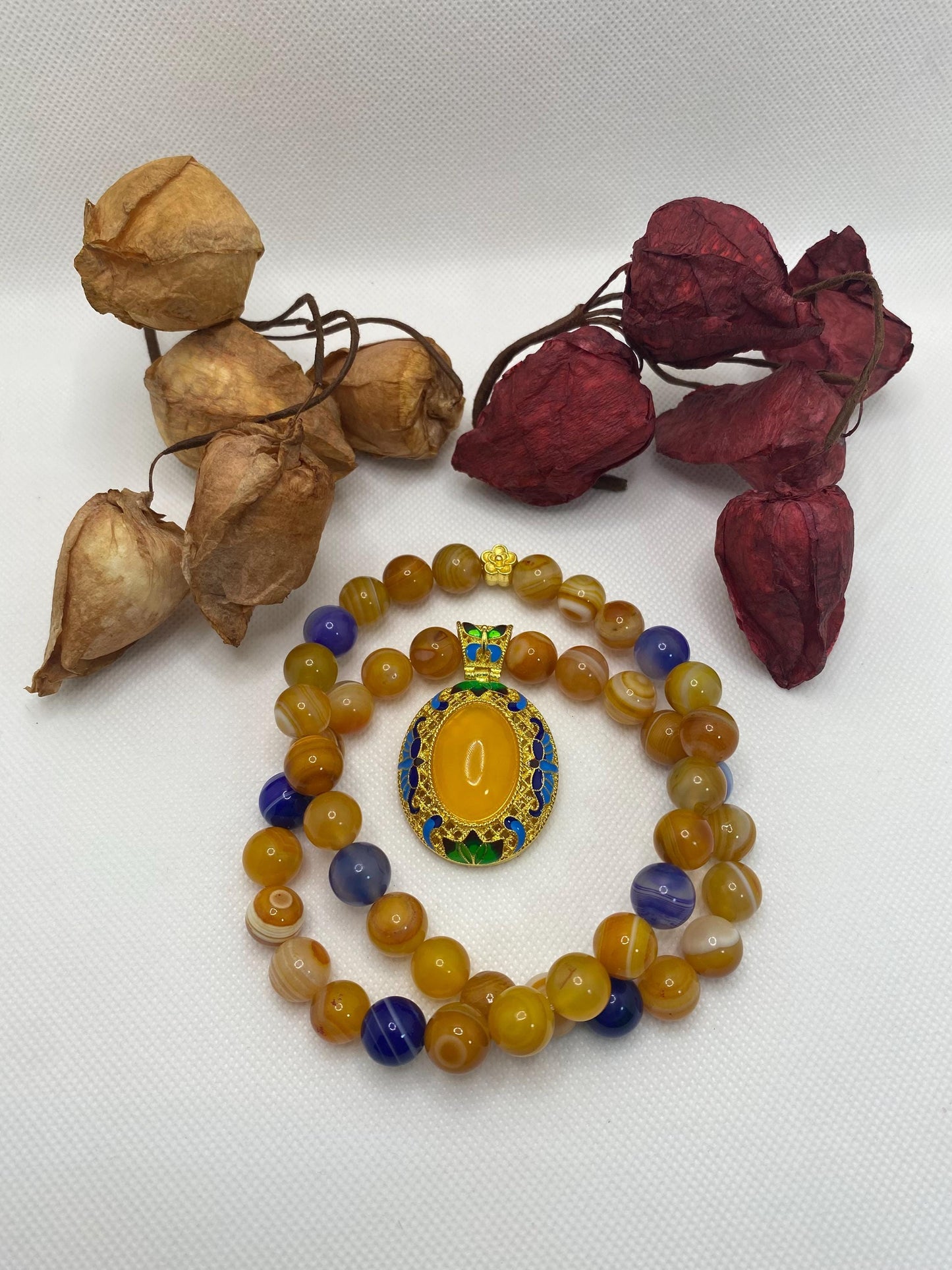 Handmade Chalcedony Pendant Necklace: Striped Agate Gemstone Beads, Boho Jewelry