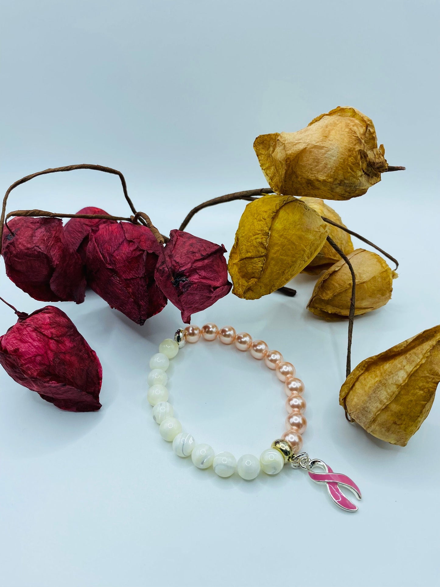 Mother of Pearl Breast Cancer Awareness Bracelet with Pink Ribbon Charm