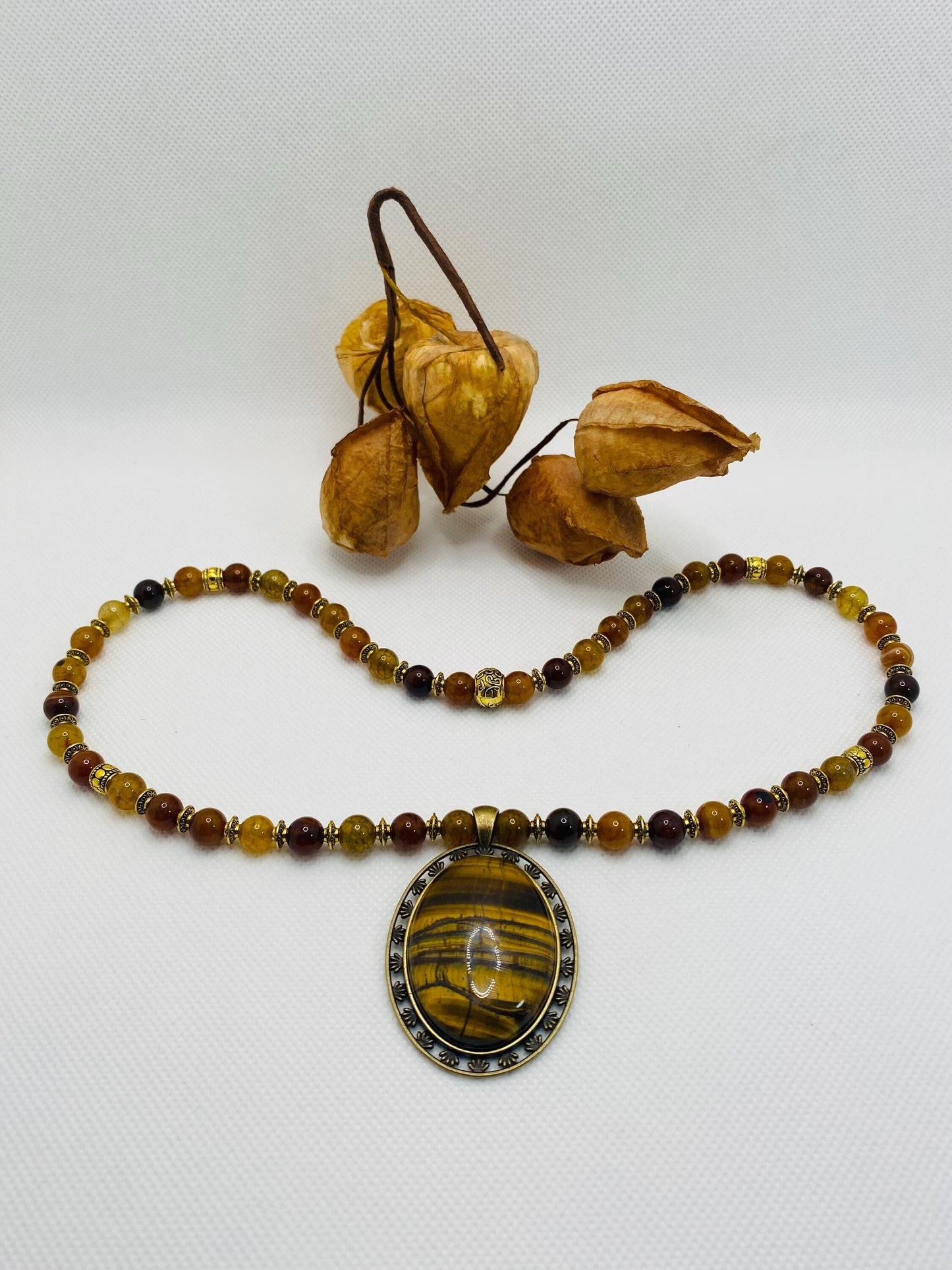 Tigers Eye & Dragon Vein Agate Necklace: Tibetan Style Gemstone Jewelry