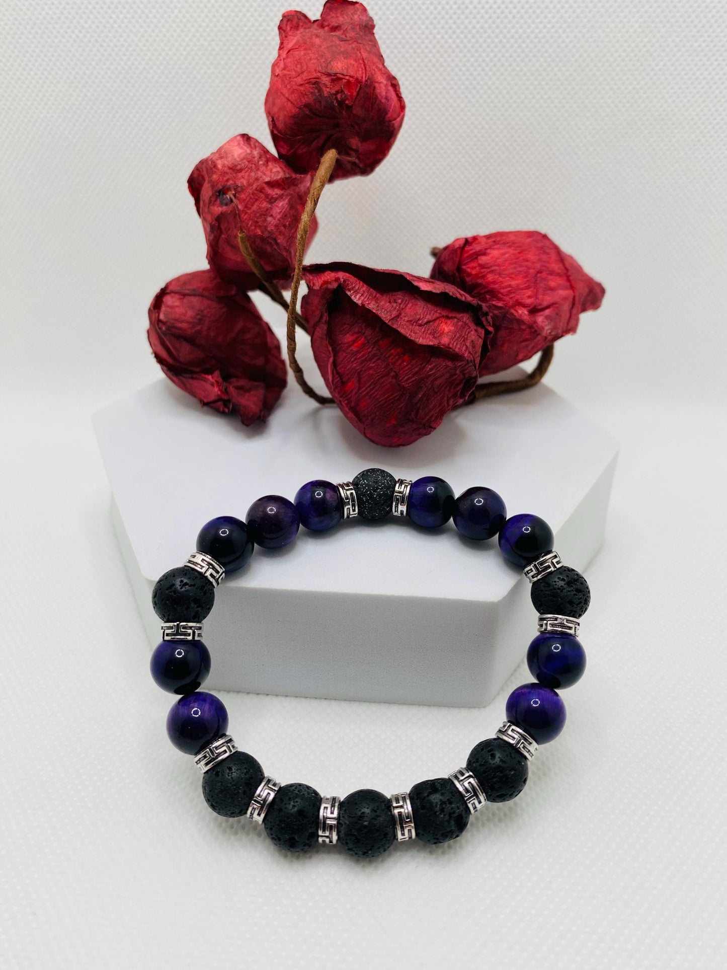 Mens Black Lava Rock & Purple Tiger Eye Bracelet: Tibetan Gemstone Jewelry