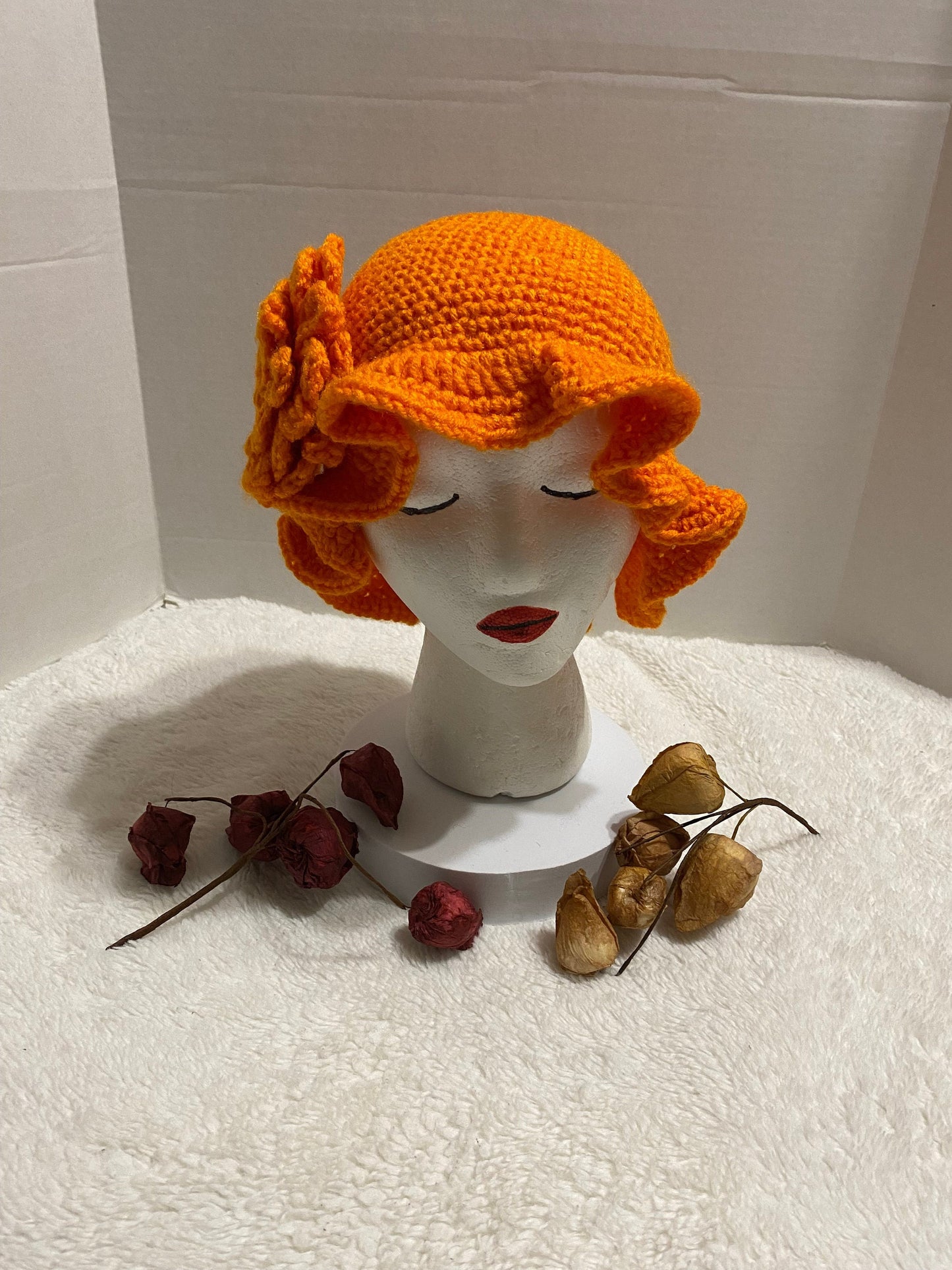 Crochet Bucket Hat with Flower: Orange Acrylic Handmade Women's Hat