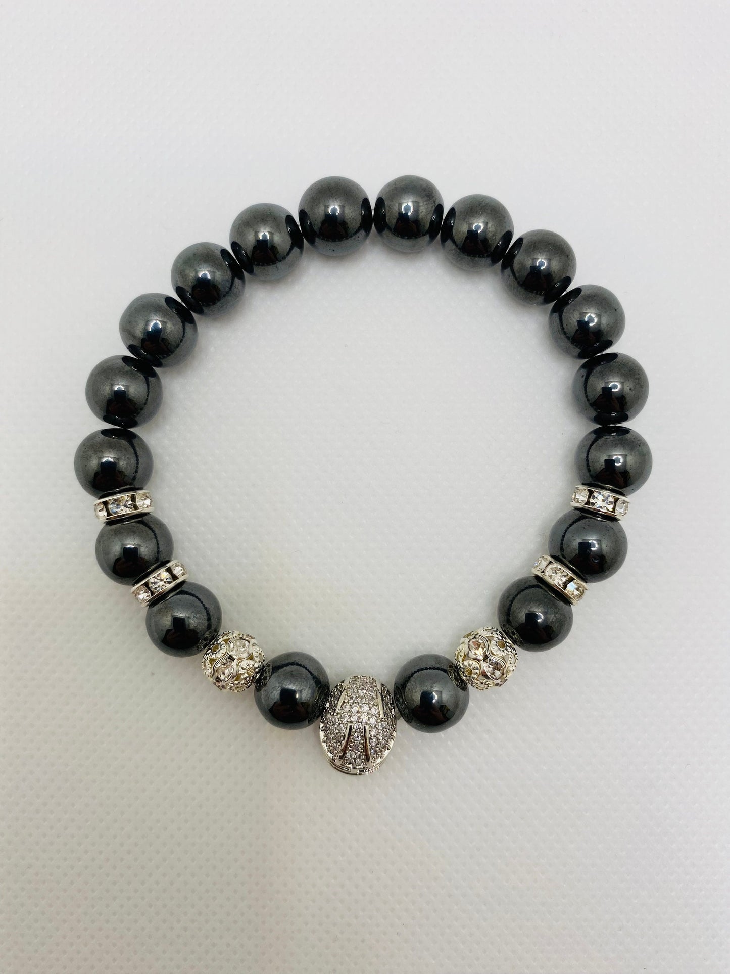 Las Vegas Raiders Hematite Bracelet: Silver Football Helmet, CZ Accents