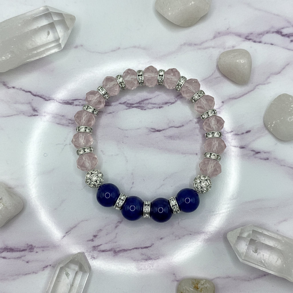 Handmade Purple Tiger's Eye Bracelet: Pink Crystal & Rhinestone Beads