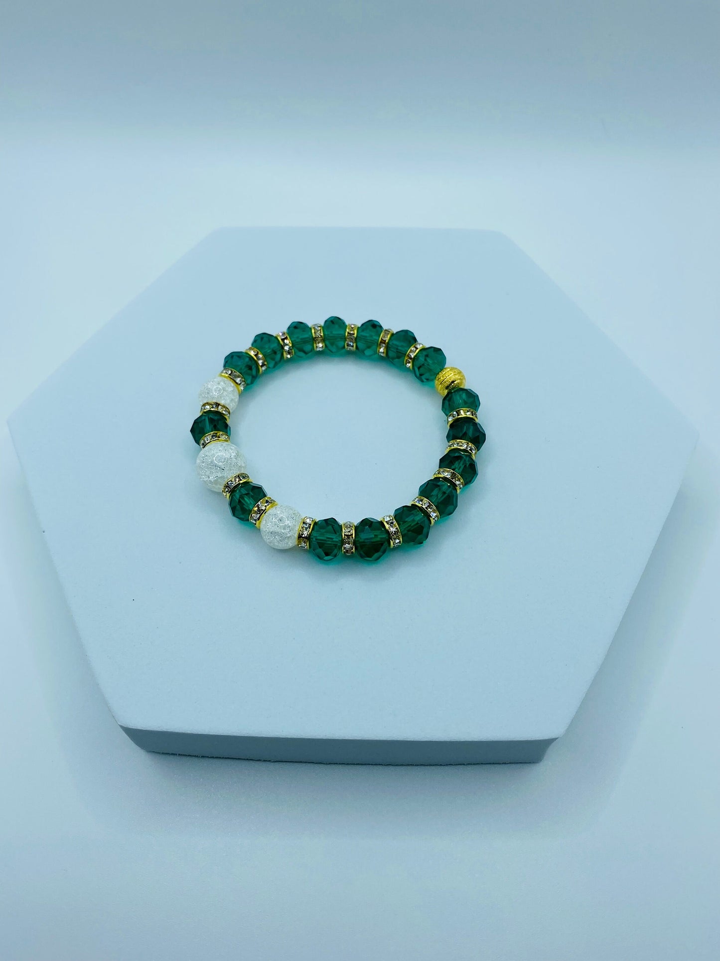 Emerald Green Crystal Bracelet: Crackle Quartz & Rhinestone Rondelles