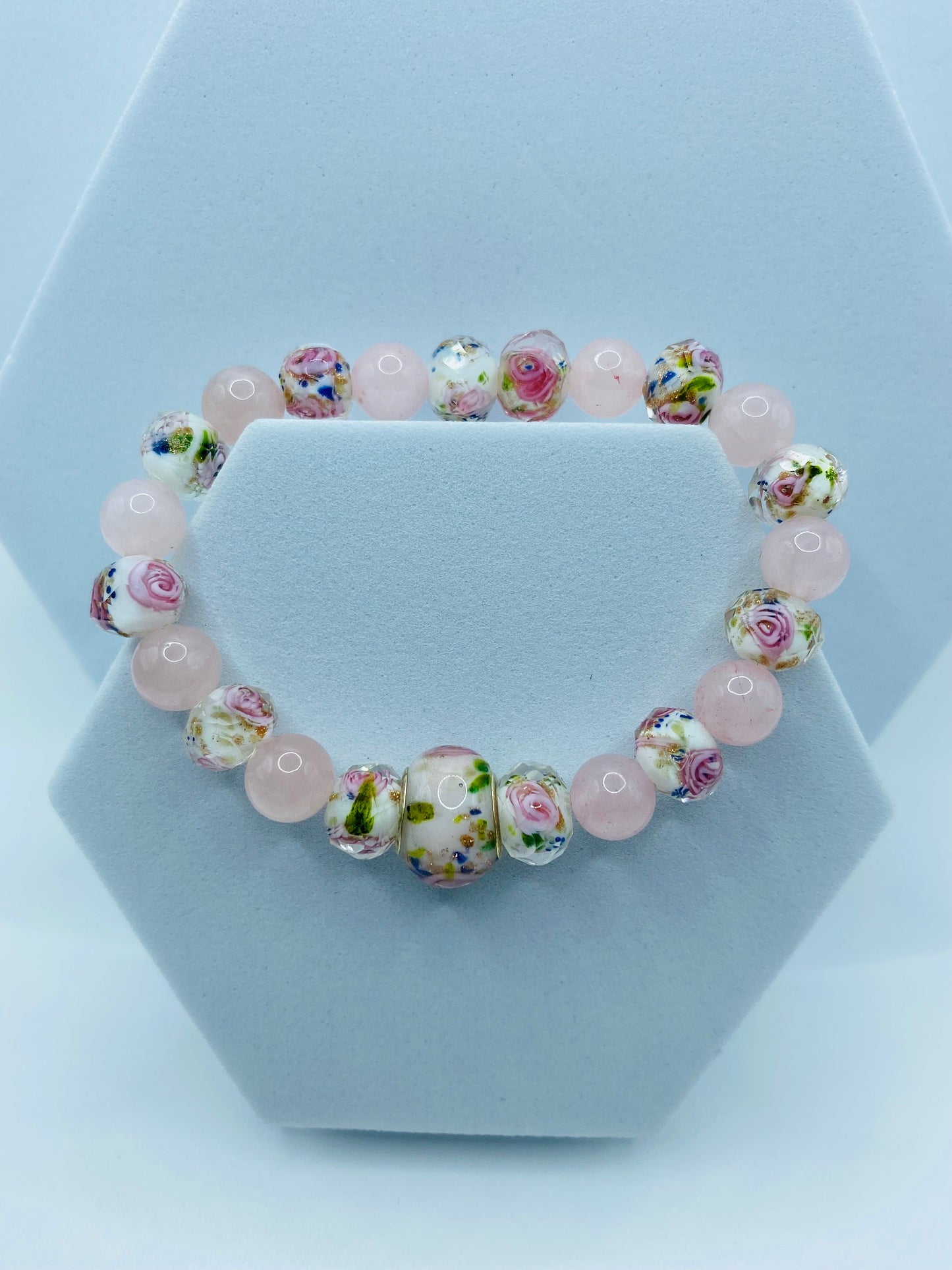 Rose Quartz Bracelet with Lampwork Floral Glass Beads