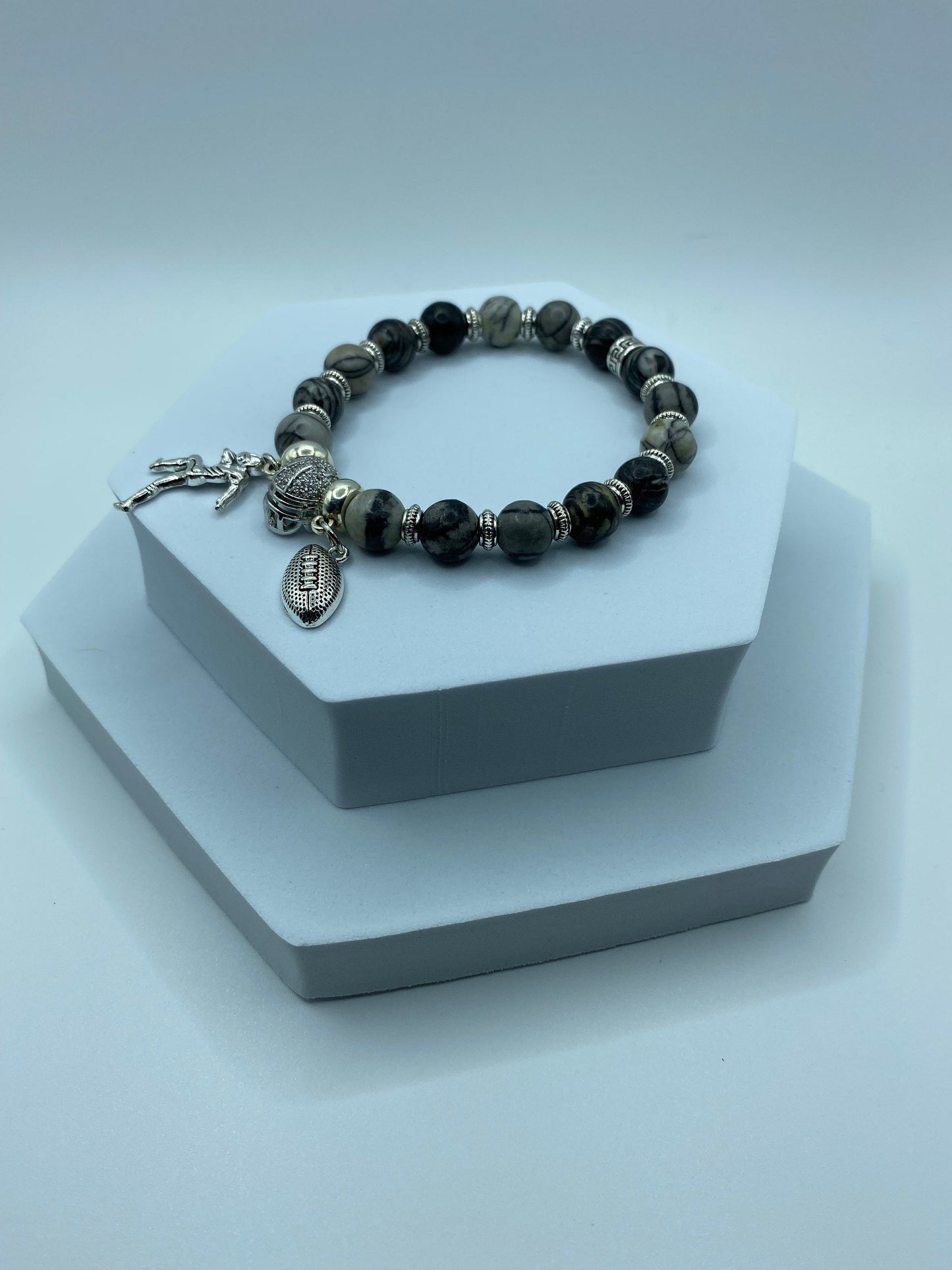 Las Vegas Raiders Charm Bracelet for Men, Womens Bracelet Football Mom, Jasper Gemstone Beads