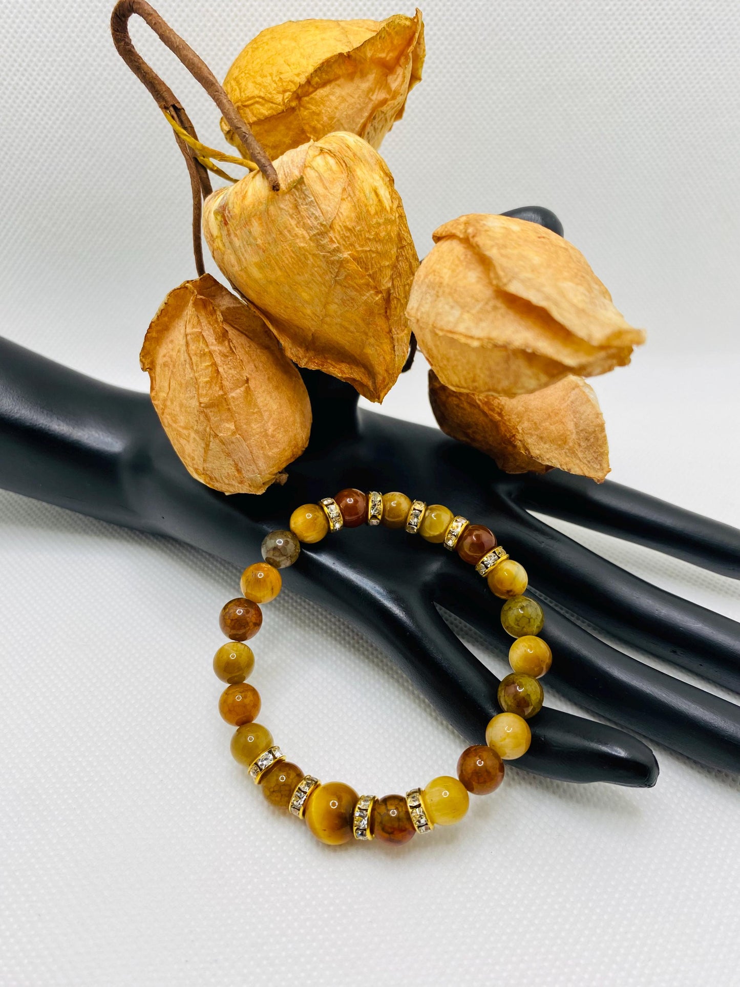 Tigers Eye & Agate Beaded Bracelet: Gold Rhinestone Spacers
