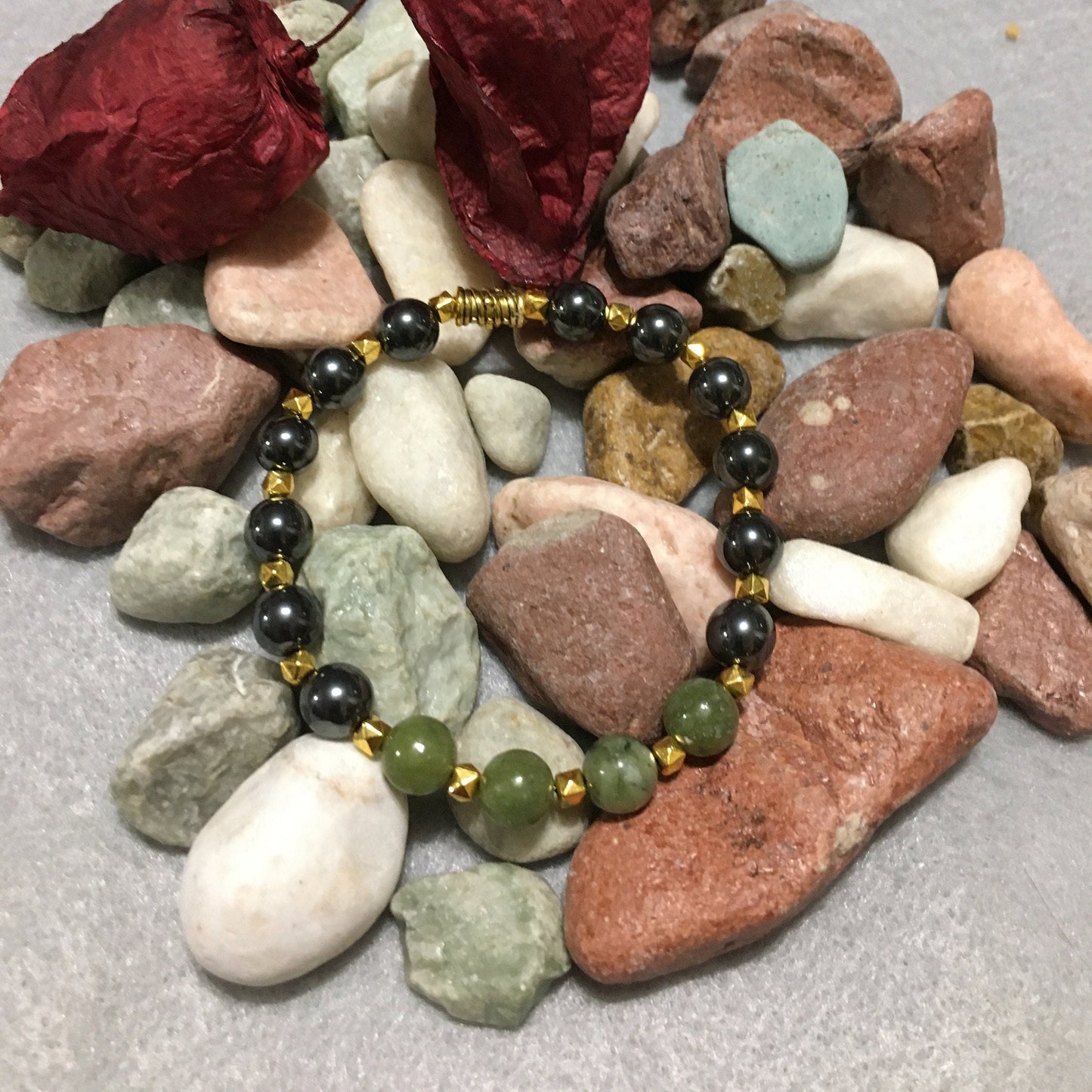 Handmade Jade & Hematite Bracelet: 18k Gold Plated Accents
