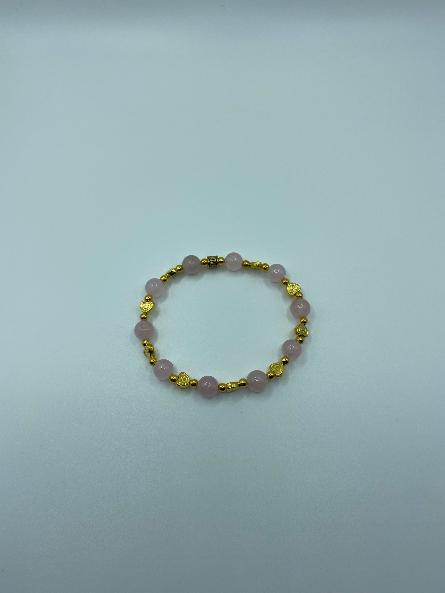 Rose Quartz Bracelet: 18k Gold Heart Charms, Gold Hematite Beads