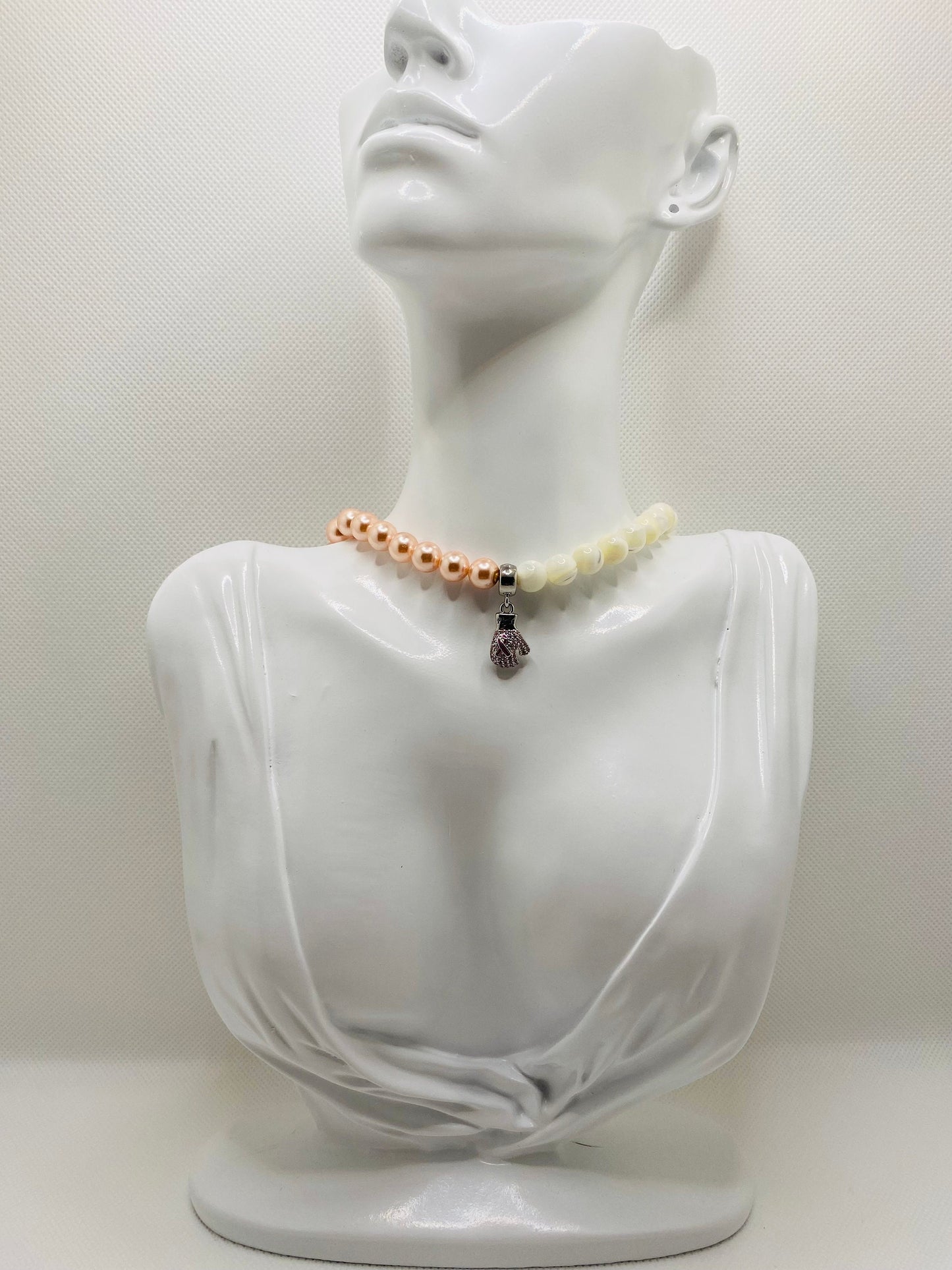 Mother of Pearl Beaded Necklace: Pink Ribbon Boxing Glove, Cancer Survivor Gift