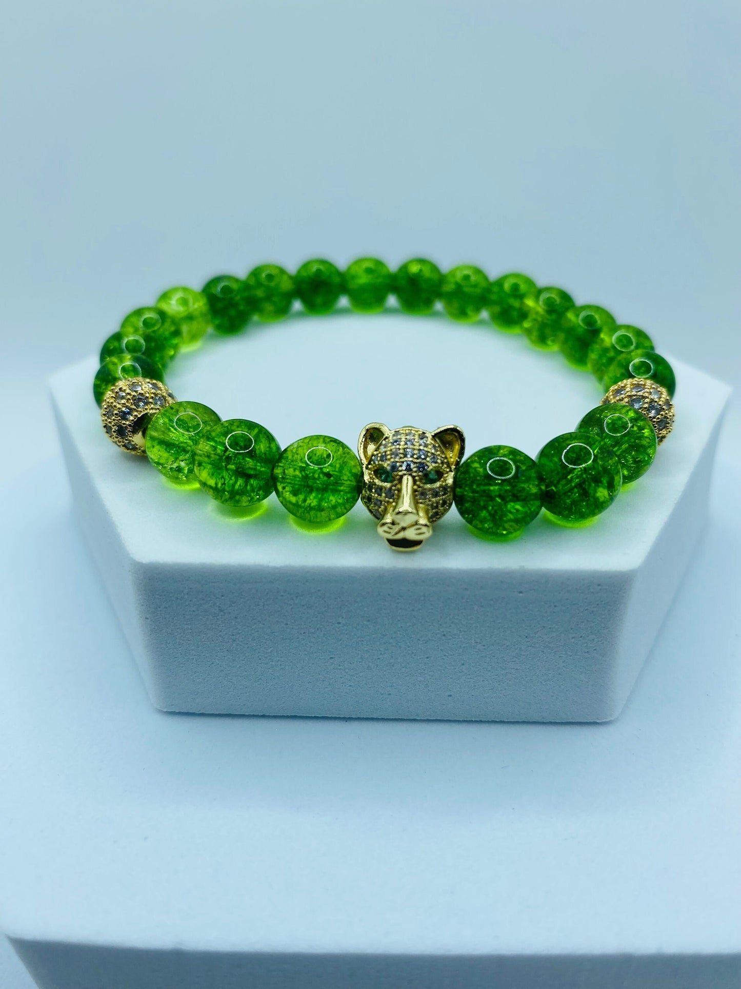 Mens Quartz Crystal Bracelet: Gold Tiger Charm, CZ Beads