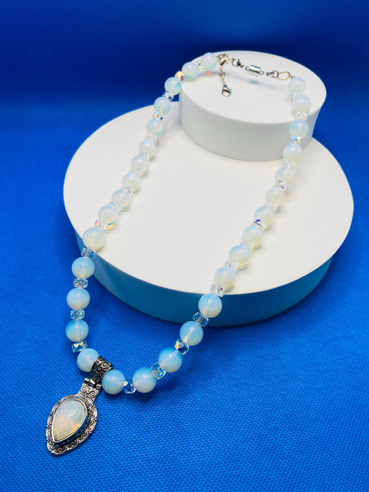 Handmade Opal Heart Necklace: Boho Crystal Jewelry with Moonstone Pendant