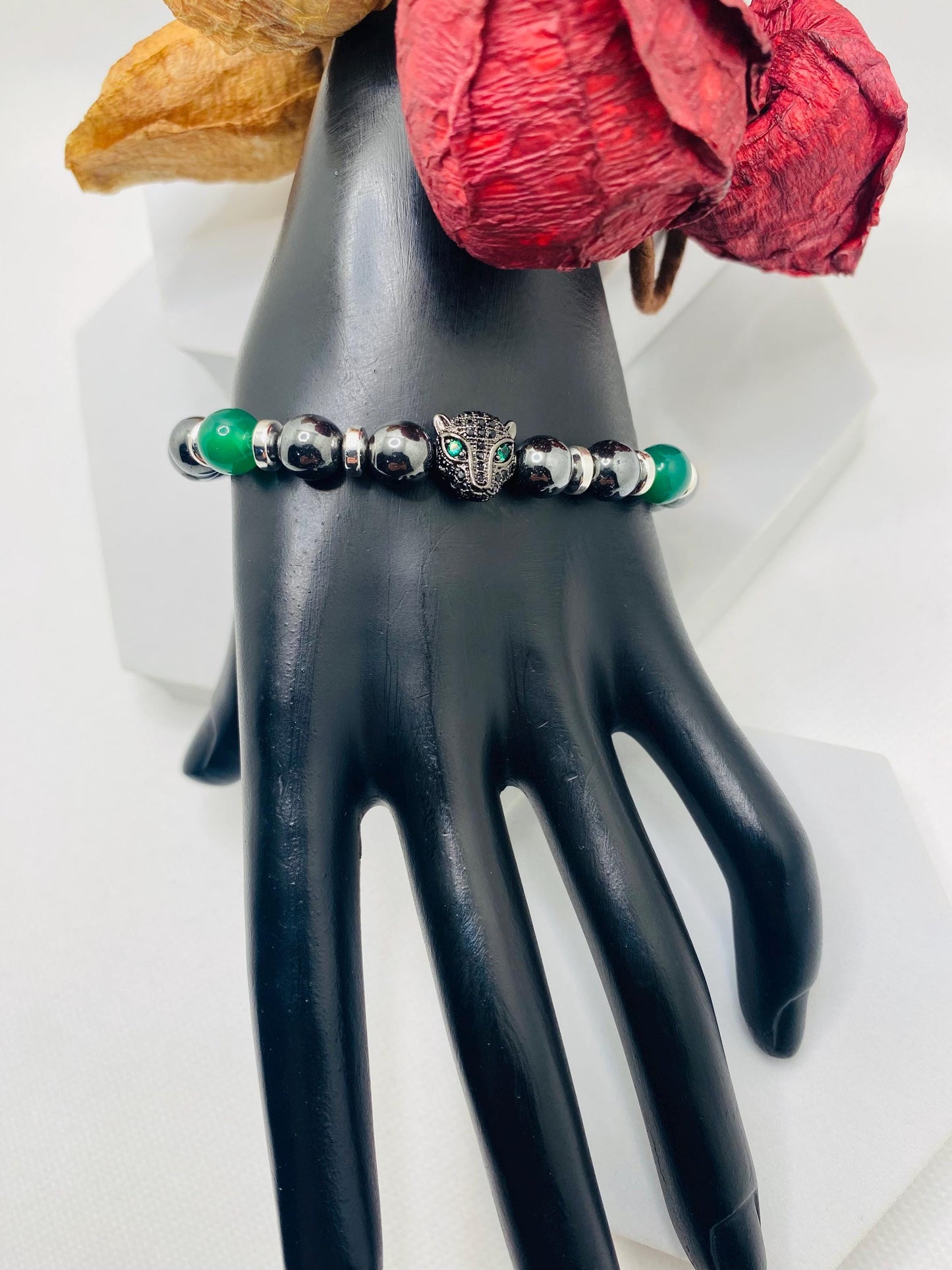 Black Panther Hematite Bracelet: Green Jade Gemstone Beads, Handmade